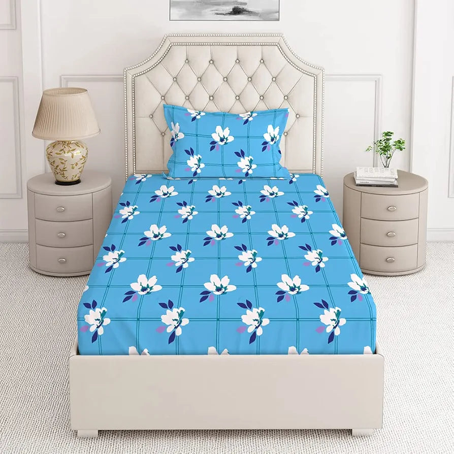 Layers Cotton Bedsheet for Single Bed with 1 Pillow Cover Light Weight Breathable Moisture Absorbent Blue Floral Pattern