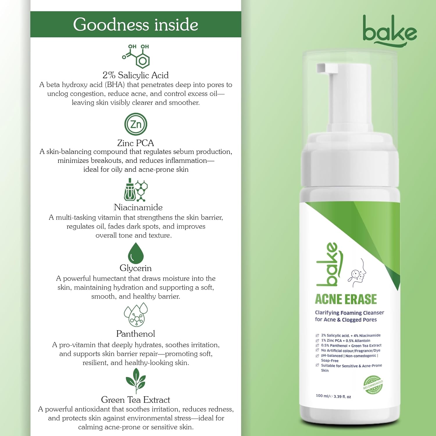 BAKE Acne Erase Foaming Face Wash with 2% Salicylic Acid & Niacinamide | Oil Control, Unclogs Pores, Clears Acne & Blemishes | Gentle Foaming Cleanser for Oily, Acne Prone & Sensitive Skin â€“ 100ml