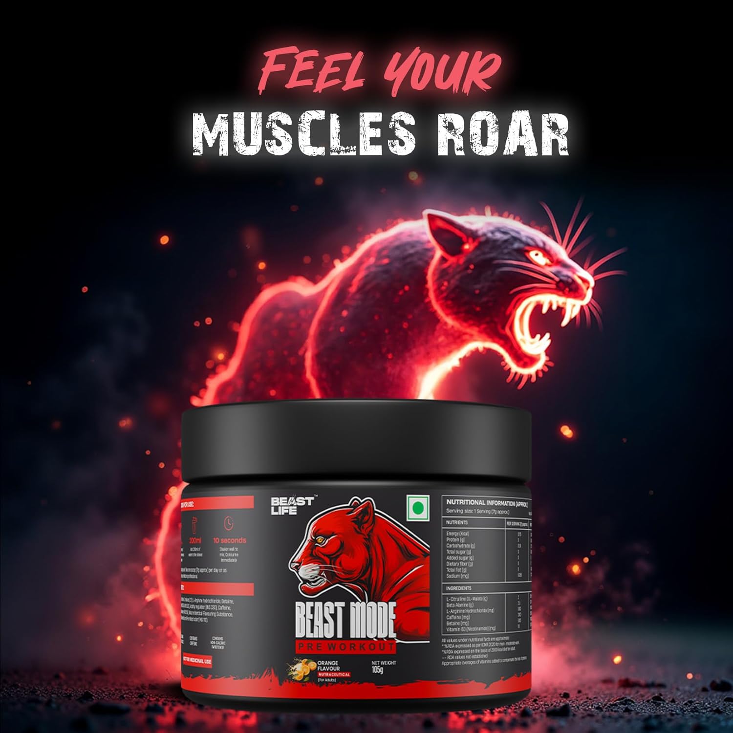 Beastlife Pre-Workout | 105 gm | Orange Flavor | Boosts Pump & Energy | Speeds Up Recovery | 2000 mg Citrulline | 2500 mg Beta-Alanine | 200 mg Caffeine | 500 mg Betaine