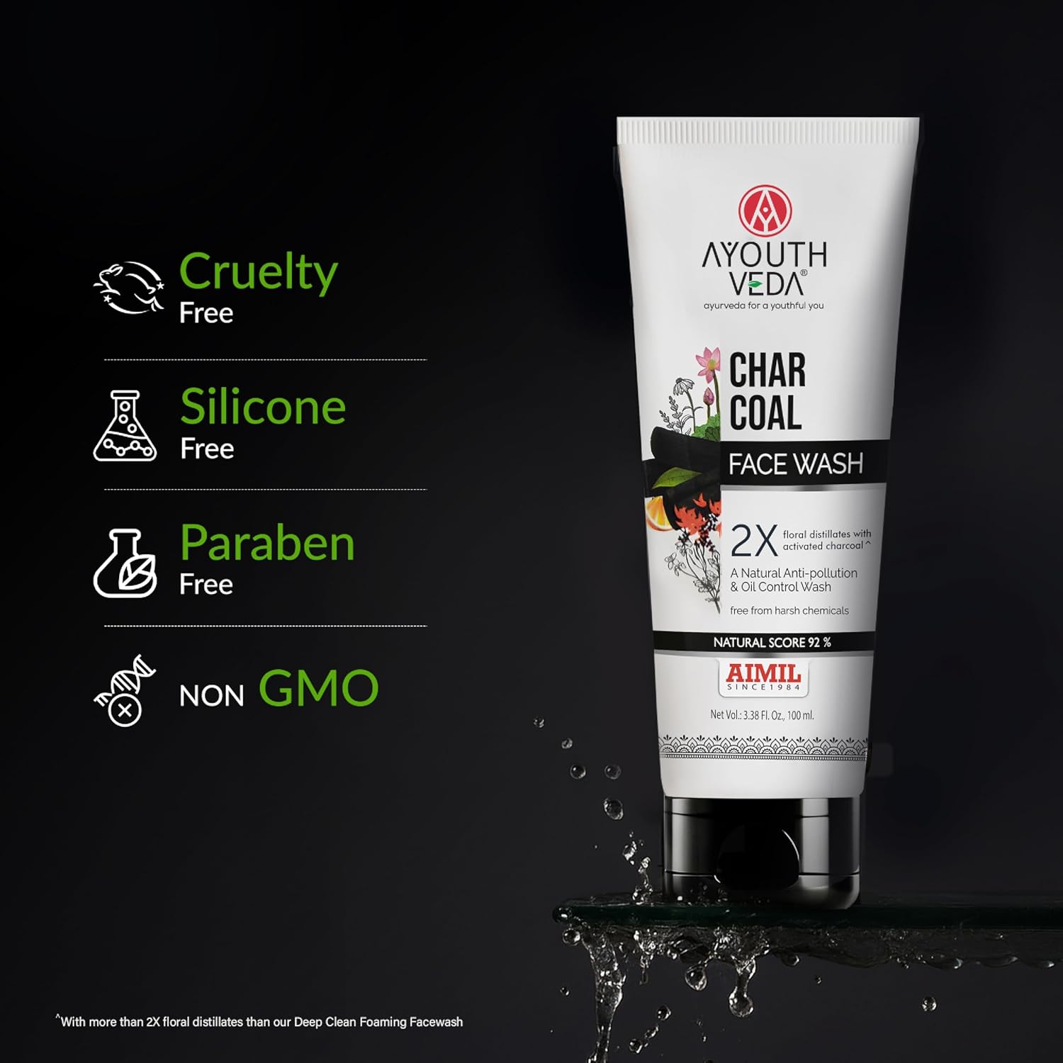 Ayouthveda Activated Charcoal Face Wash | Bamboo Charcoal & Floral Distillates | Deep Cleansing, Anti-Pollution, Oil Control & Brightening | Ayurvedic Non-Drying Cleanser | Maintains Skin Moisture Balance | For Men & Women | 100ml (Pack of 1)
