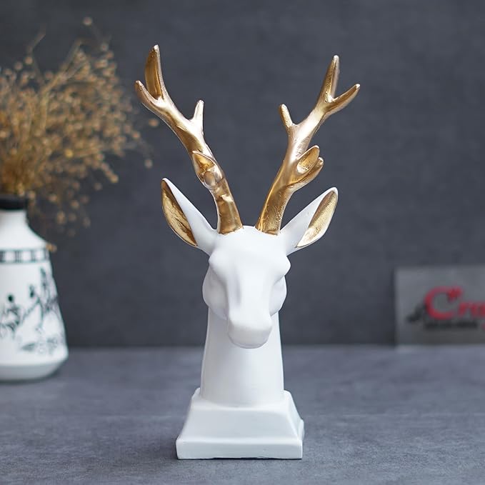 Ecraftindia White Polyresin Reindeer Head Statue With Golden Antlers Animal Showpiece