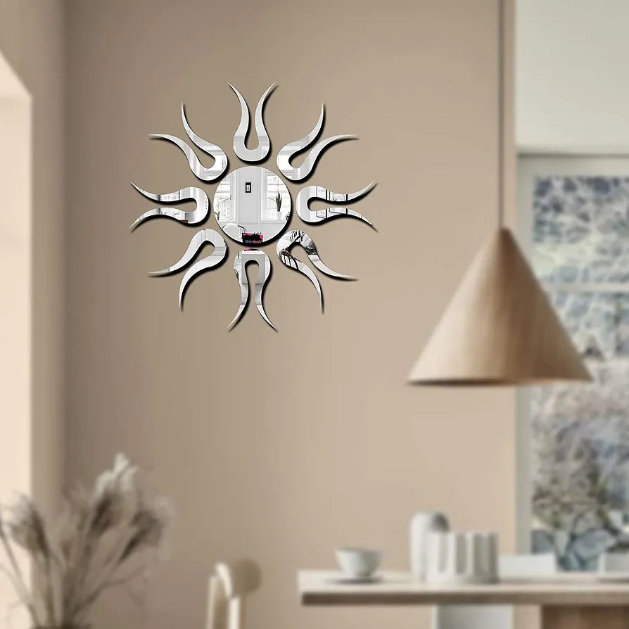Bikri Kendra Sun Silver Model-13 Mirror Stickers for Wall, Acrylic Mirror Wall Decor Sticker