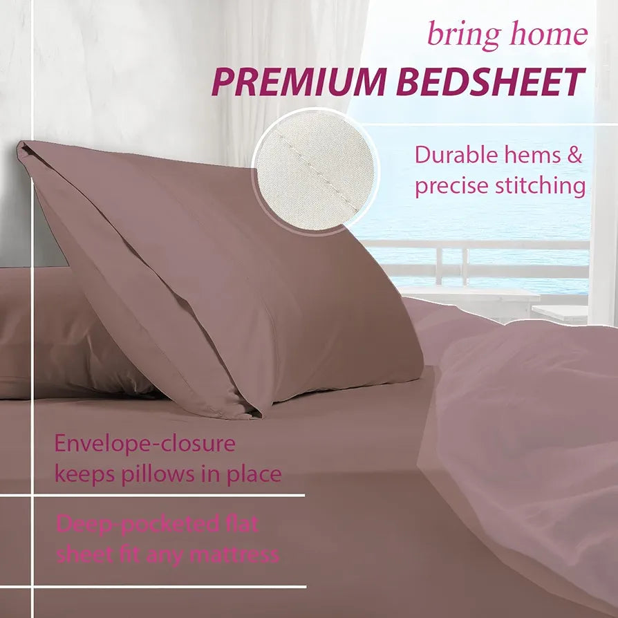 Trance Home Linen Premium 300 TC Solid Pure 100% Cotton Single Size Fitted Bedsheet with 1 Pillow Cover Colour Cameo Rose