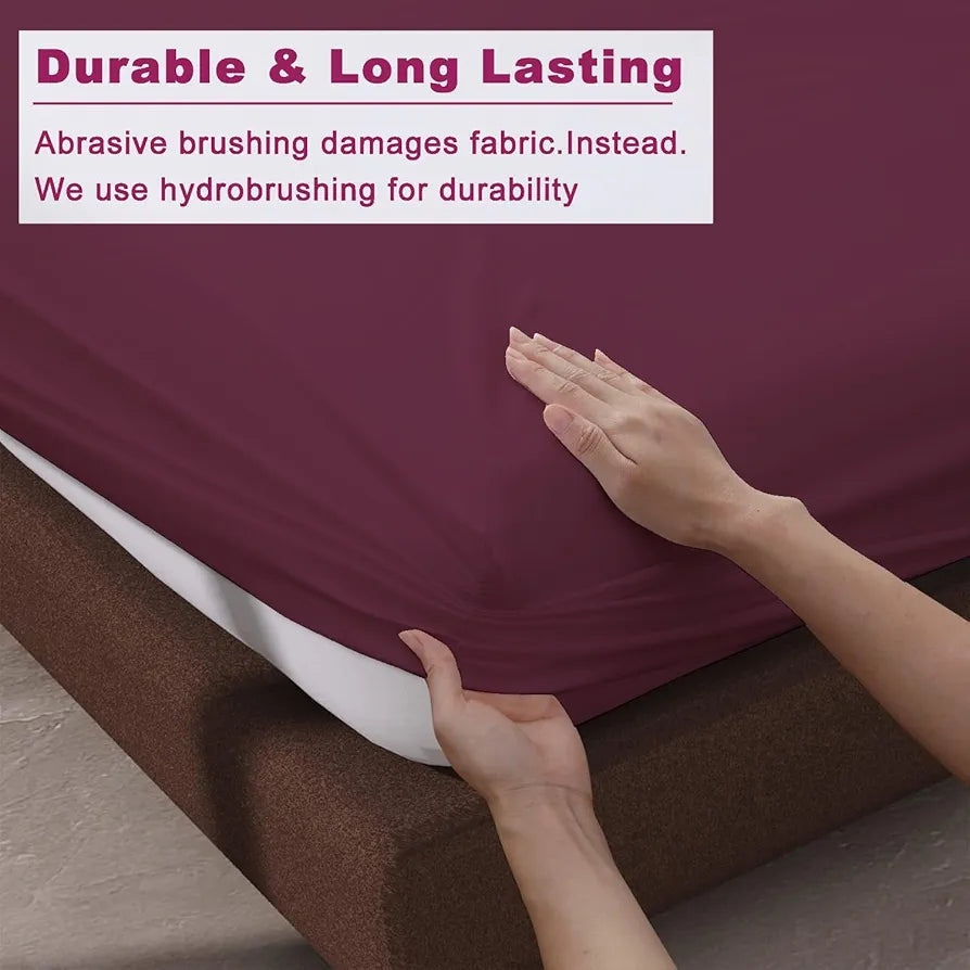 Trance Home Linen 100% Cotton 78x60 inch Queen Elastic Fitted Bedsheet 400TC Premium Queen Double Bed Size Plain with 2 Pillow Covers Colour Deep Wine