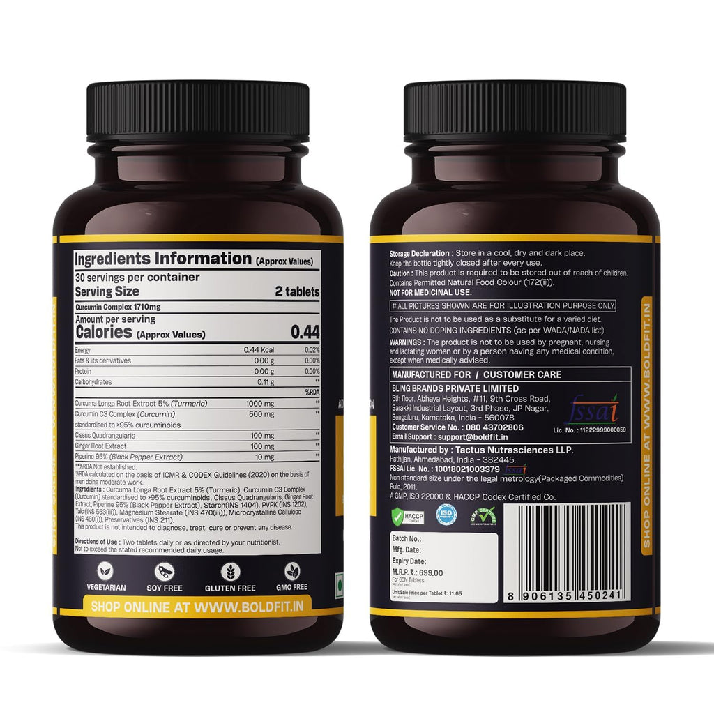 Boldfit C3 Complex Curcumin Tablets 1710mg with 95% Piperine Turmeric ,Curcuma Longa and Ginger Extract Supports Joint Health Inflammation Care and Mobility Plant Based Herbal Supplement for Daily Wellness- 60 Veg Tablets