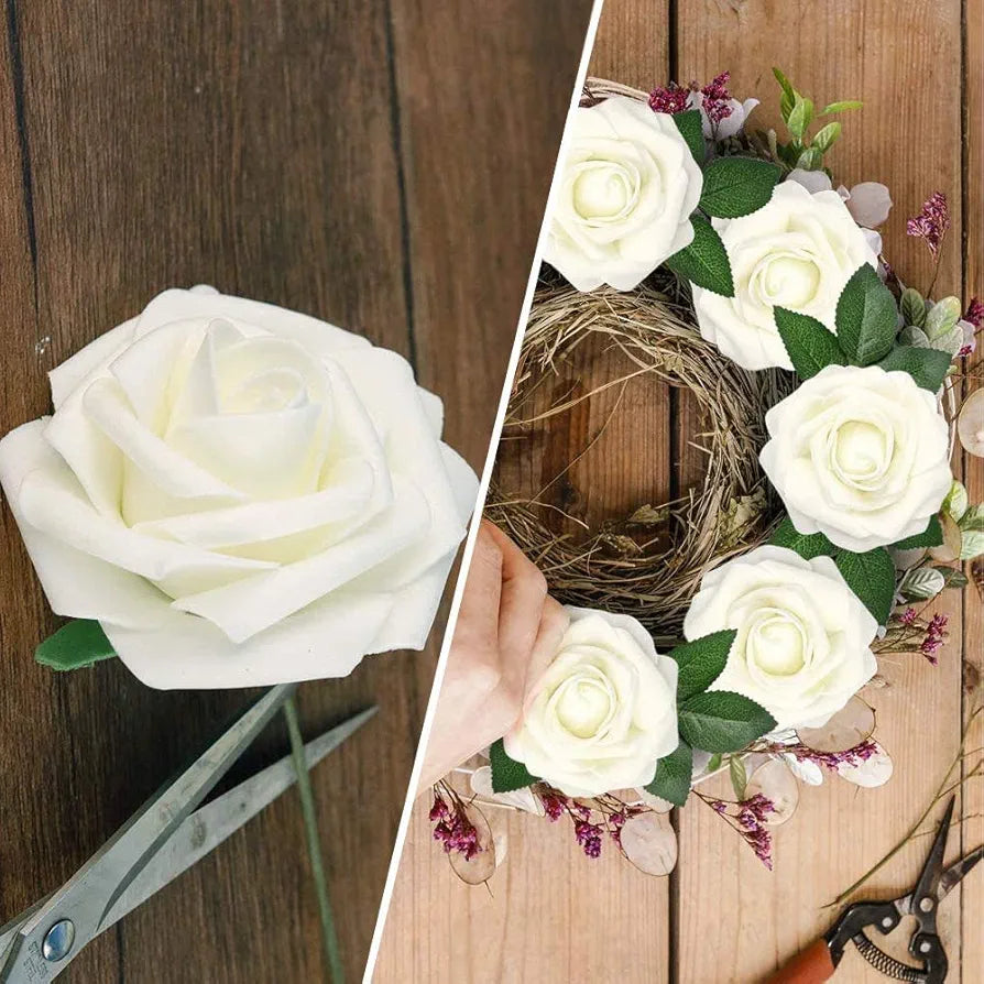 Artificial Flowers Cream Fake Roses Real Looking Foam Roses Flowers w/Stem Cream