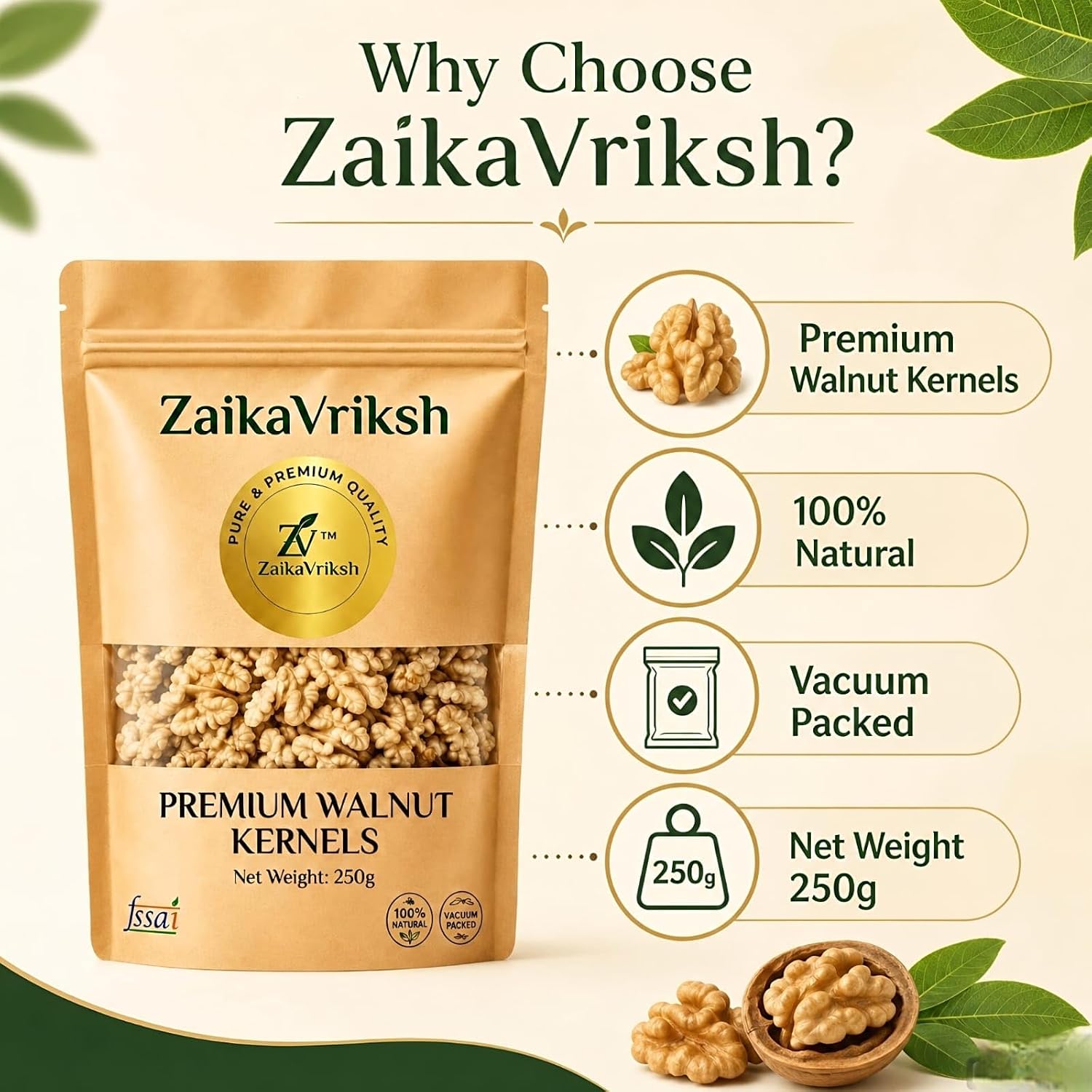 ZaikaVriksh Premium White Chile Walnut Halves 250g | Large Size Akhrot Giri | Extra Light Walnut Kernels | Vacuum Packed | Rich in Omega 3, Protein & Fiber | Healthy Dry Fruits