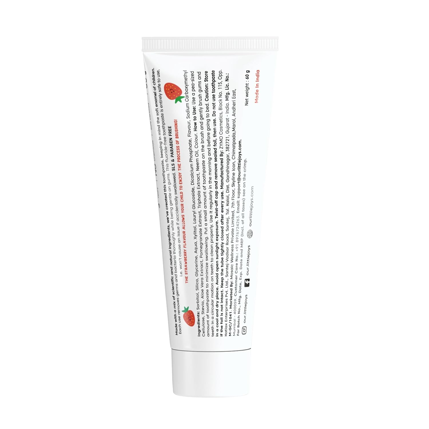 Little Joys Strawberry Flavour Toothpaste For Kids (2-5 Yrs) | Removes Germs & Bacteria | Strengthens Gums & Whitens Teeth | 60 gm
