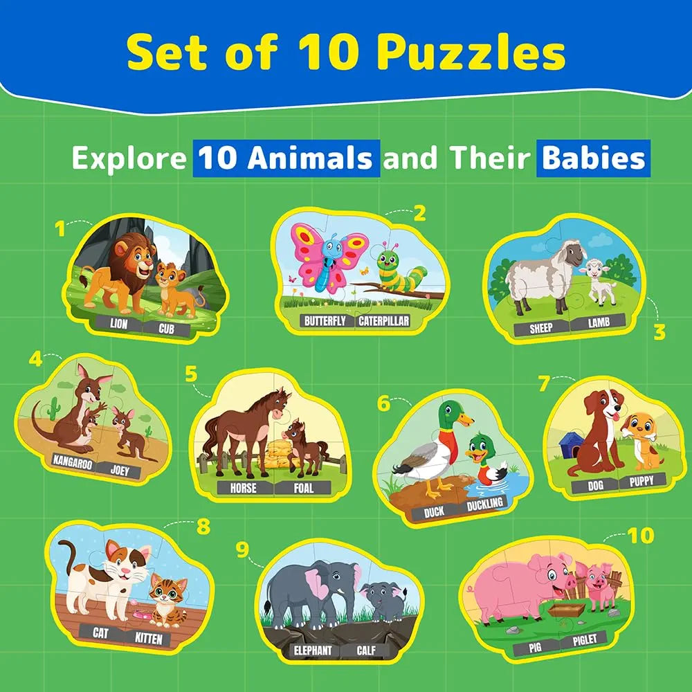 Funtad Puzzle Up Learn Animal Babies 10-in-1 Entry Level Puzzle 45 Big Size Jigsaw Pieces Montessori Educational Toy for Boys & Girls Age 3, 4 & 5 yrs