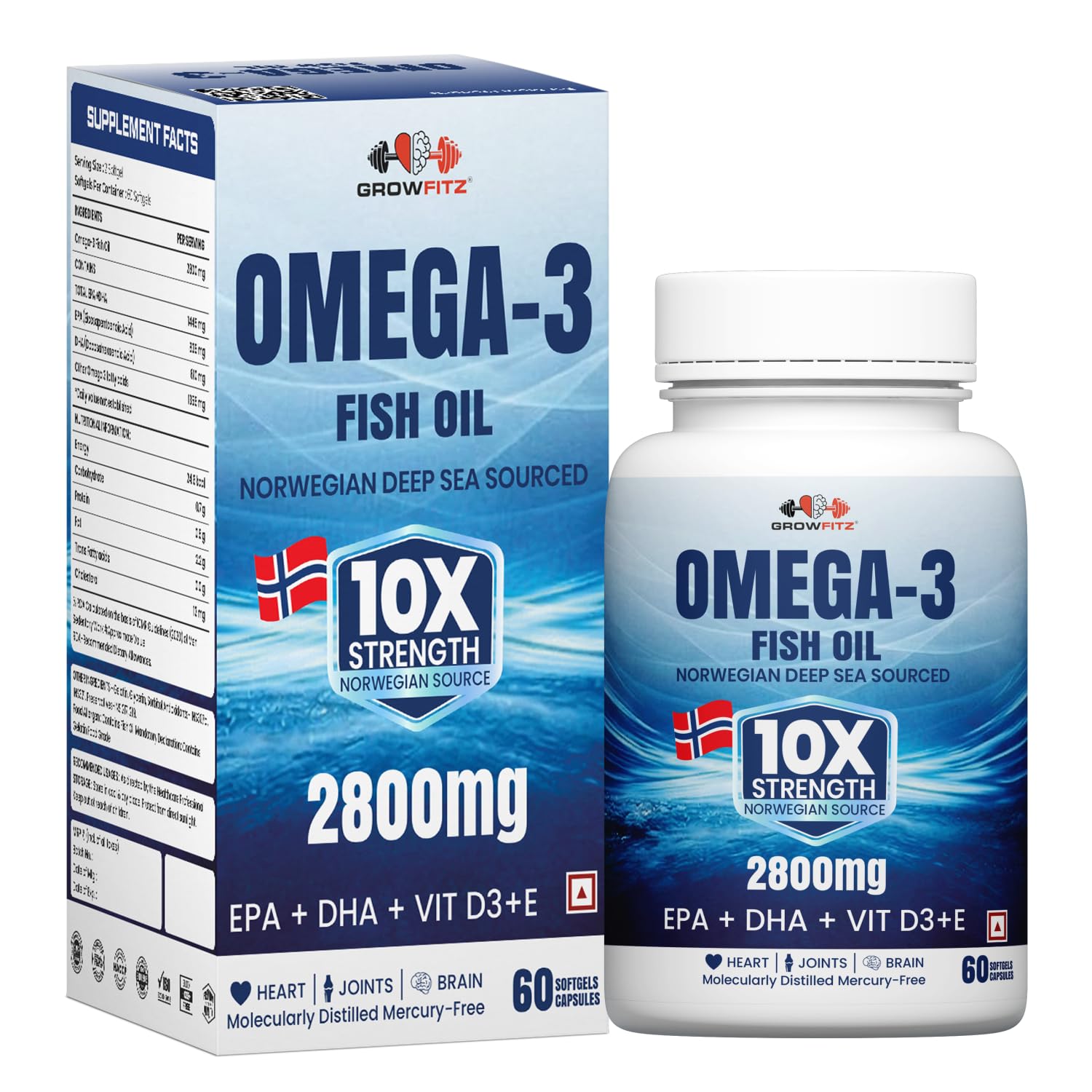 Growfitz Omega 3 Fish Oil (60 Softgels) | 2800 Mg | 10X Strength for Men & Women | No Fishy Burps | Supports Heart, Brain, Joints, Skin | With EPA+, Vitamin D3 & Vitamin E | Omega3 Fishoil Supplement