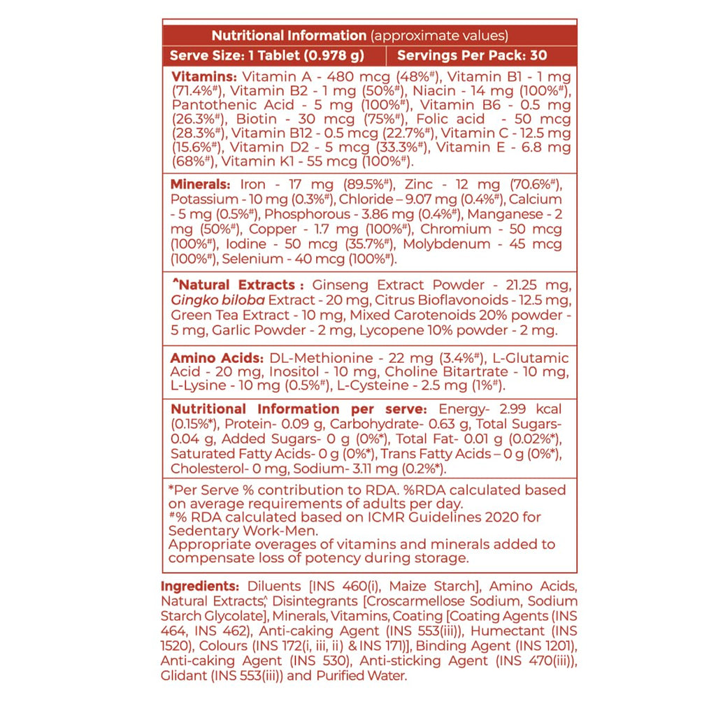 Siens By Dabur Multivitamin for Men-30 tablets | Enriched with 34 nutrients to Support Overall Health, Energy, Stamina & Muscle Function