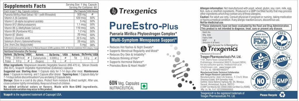 Trexgenics PureEstro-Plus Advanced Pueraria Mirifica Complex with Vital Vitamins & Minerals (Pack of 60 Veg. Capsules)