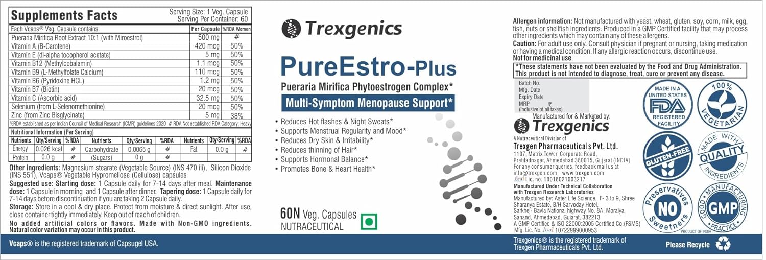 Trexgenics PureEstro-Plus Advanced Pueraria Mirifica Complex with Vital Vitamins & Minerals (Pack of 60 Veg. Capsules)