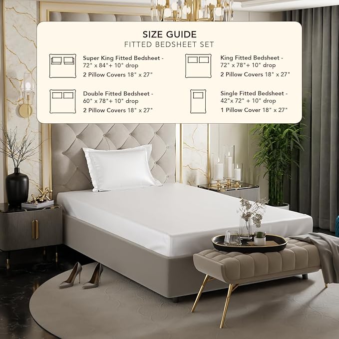 Stoa Paris Satin Elastic Fitted Bedsheets for Single Bed 300TC Premium 1 Pillow Cover Colour Vanilla White
