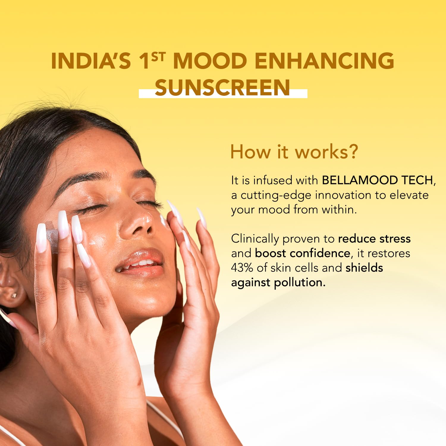 BELLAVITA Sunscreen SPF 50, Mood Enhancing Sunscreen, PA++++, Non-Greasy, No White Cast | Broad Spectrum & UVA+UVB Protection | For Men & Women- 50 ML