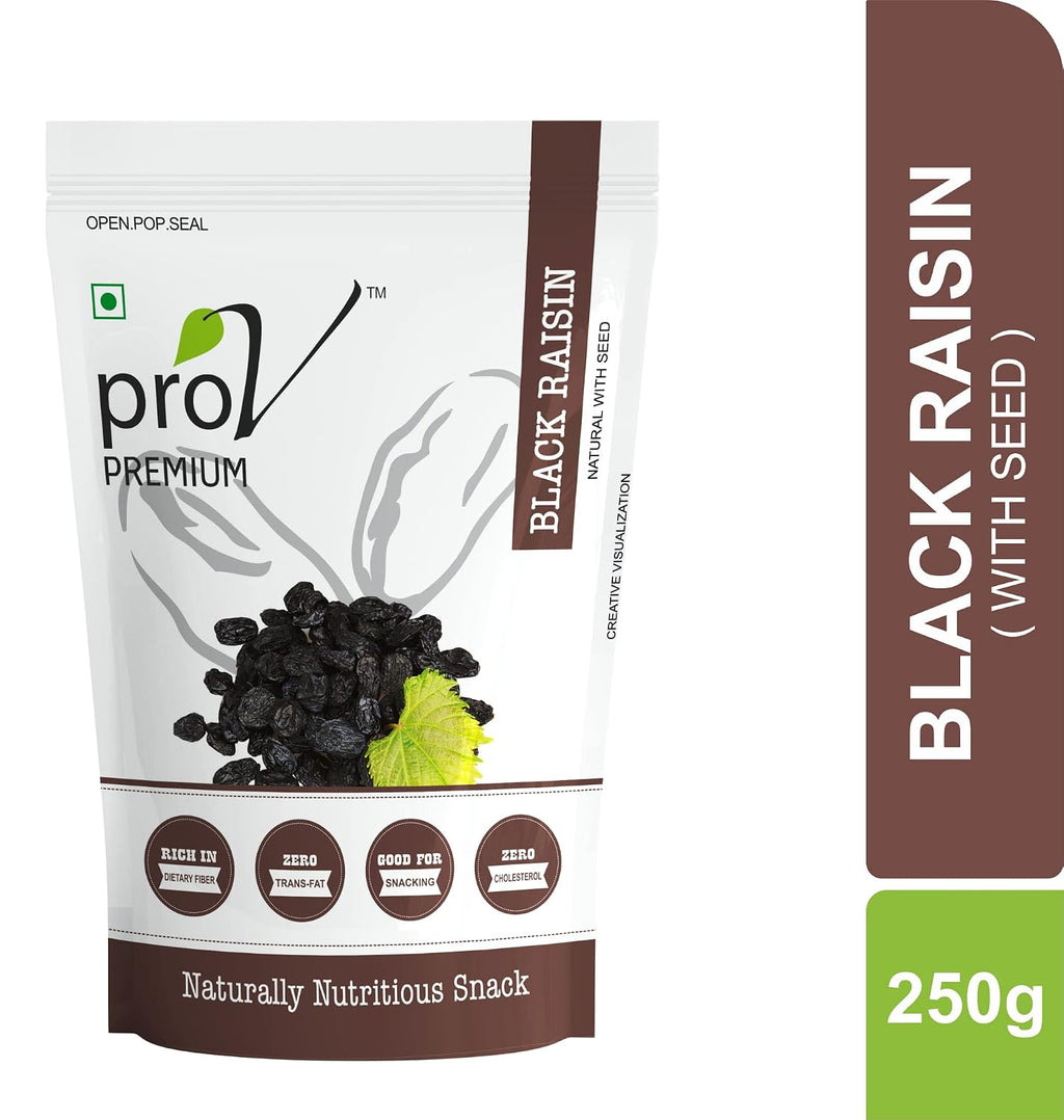 ProV Premium Black Raisins with Seed | Crunchy Center Kismis | Rich in Iron, Fiber & Antioxidants | Healthy Natural Dry Fruit | 250g