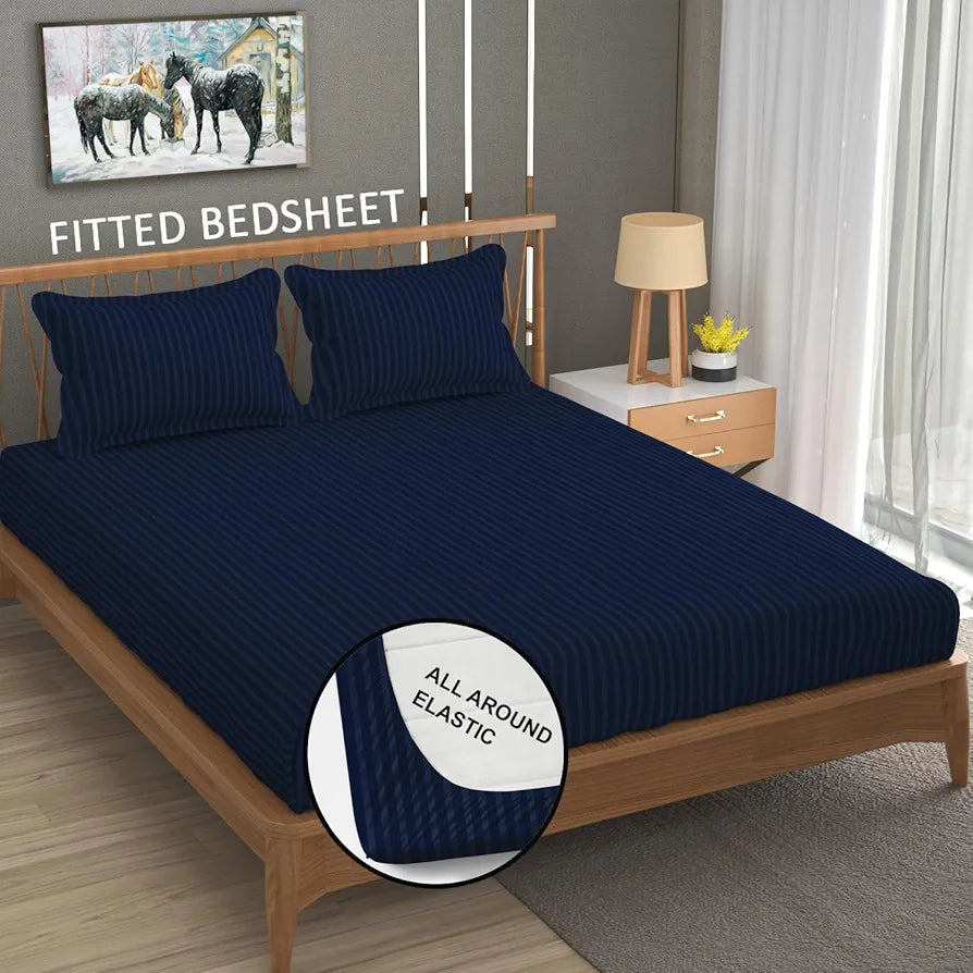Homefab India 160 TC Stripe Cotton Feel Glace Cotton Elastic Fitted King Size Double Bed Bedsheet with 2 Pillow Covers Fits Upto 6 inches Mattress Navy Blue