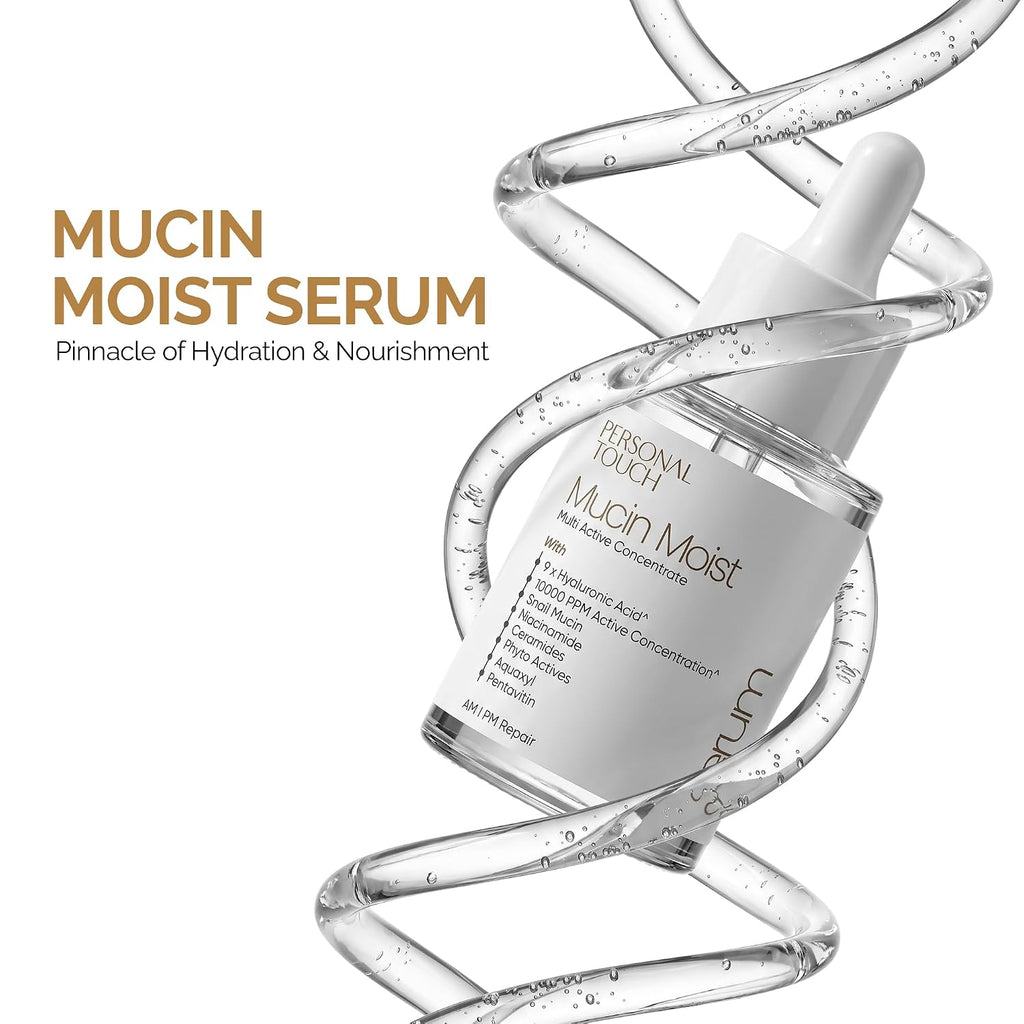Personal Touch Mucin Moist Serum Cruelty Free - Worldâ€™s 1st Snail Mucin With 9 Types of Hyaluronic Acid, Ceramides, Niacinamide | Korean Skincare | Dryness, Fine Lines, Skin Barrier Repair | 30ml