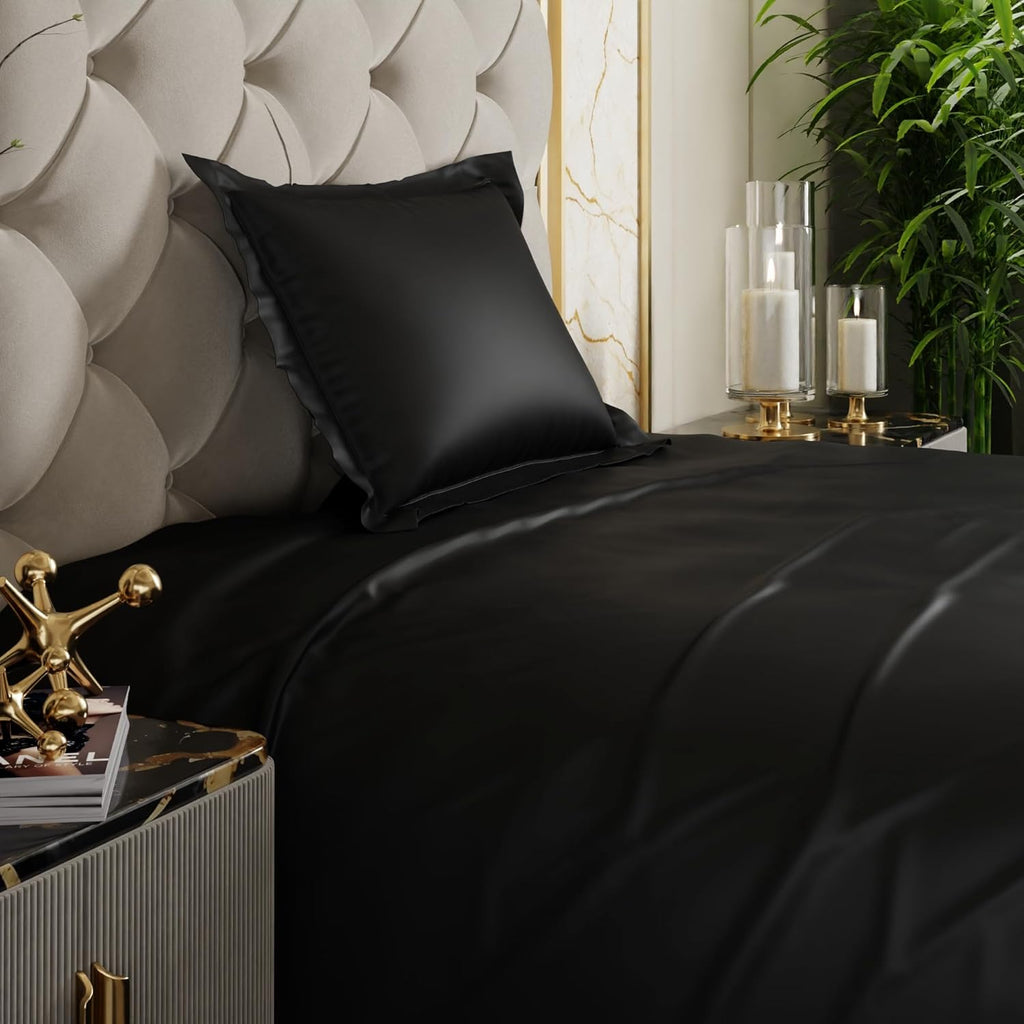 Stoa Paris Satin Bedsheets for Single Bed 300TC Premium Bedsheet with 1 Pillow Cover Colour Midnight Black