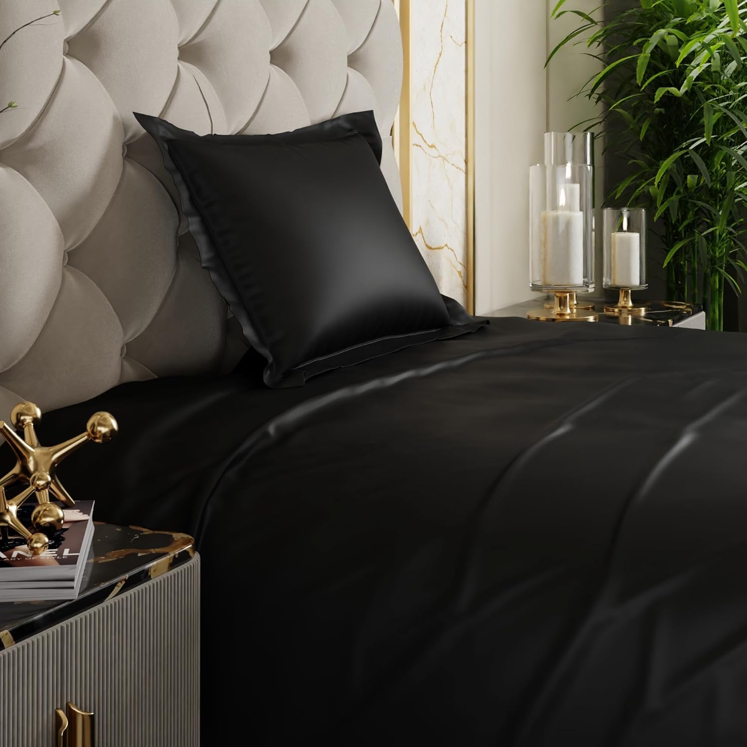 Stoa Paris Satin Bedsheets for Single Bed 300TC Premium Bedsheet with 1 Pillow Cover Colour Midnight Black