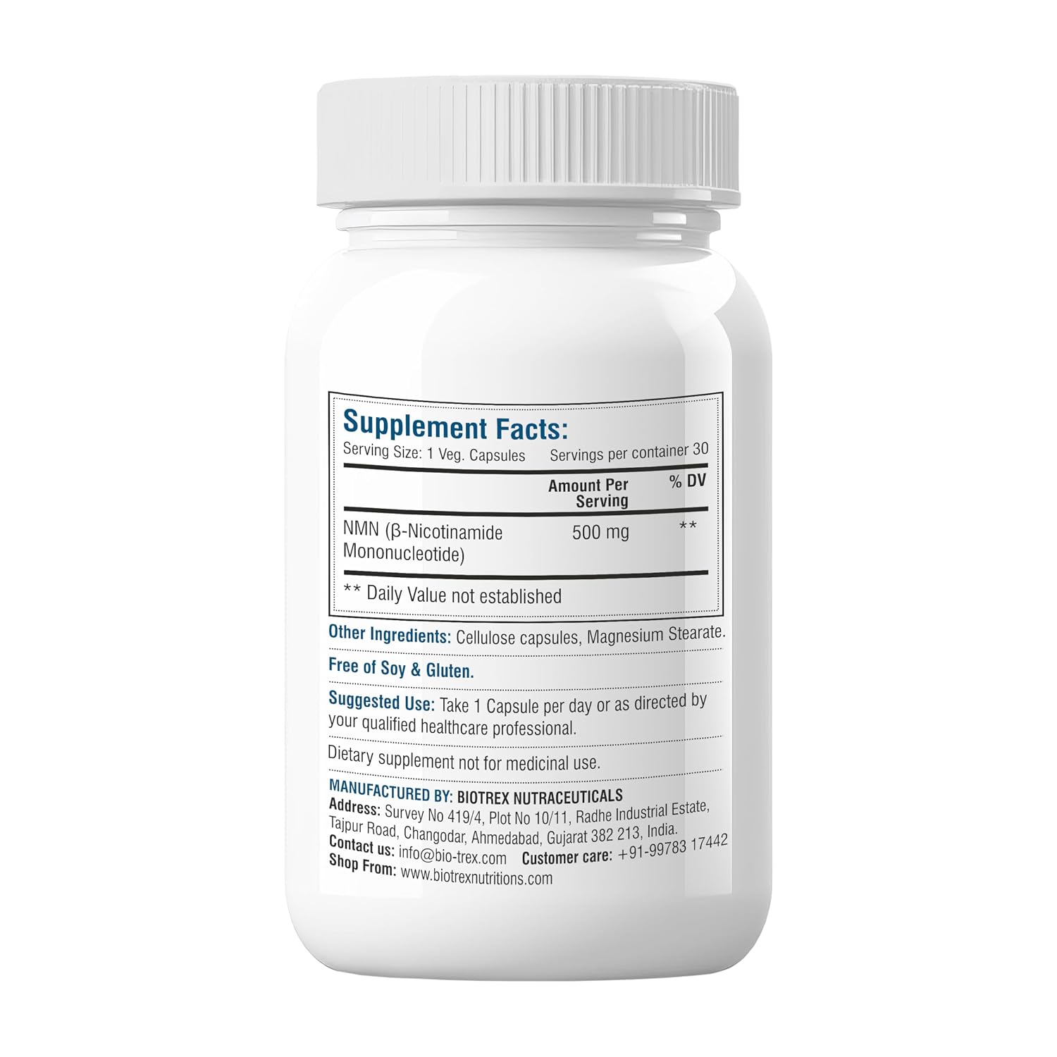 Biotrex Nutraceuticals NMN 500 Supplement, 99% High Purity, NAD Booster, Healthy Energy Levels & Skin Health - 30 Vegetarian Capsules