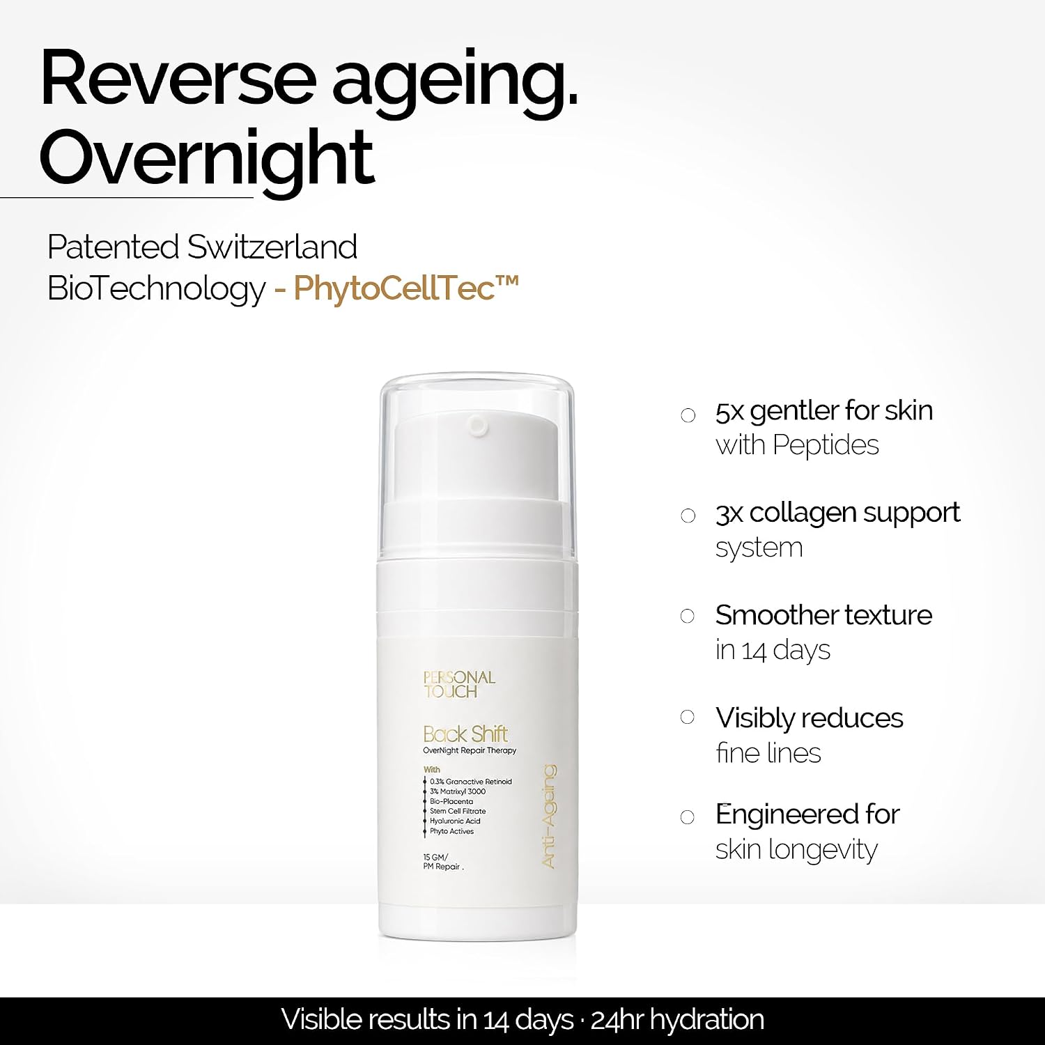 Personal Touch Backshift Anti-Aging Face Cream | Youthifying Peptide, Niacinamide & 0.3% Granactive Retinoid (HPR) | Wrinkle Repair, Firming & Collagen Boost | 15ml