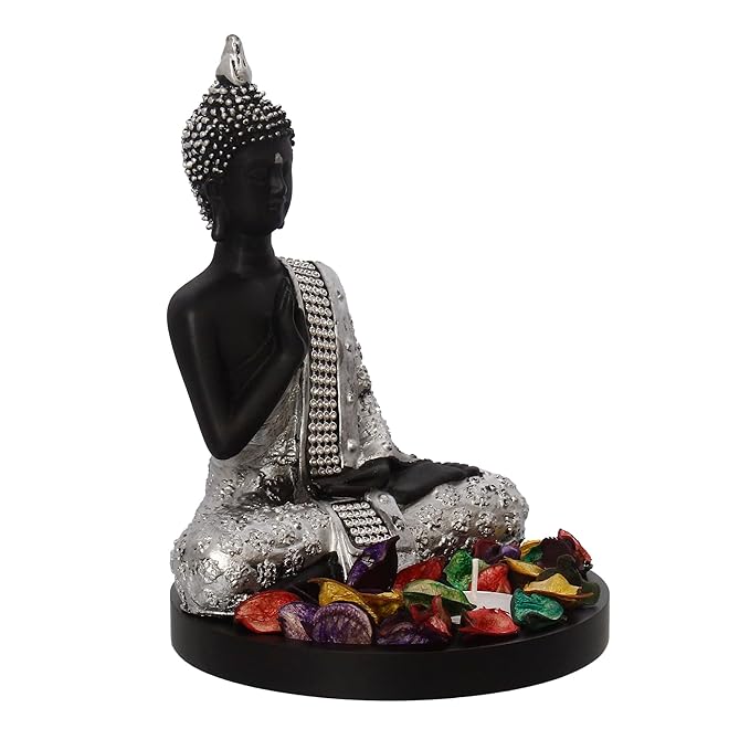 Ecraftindia Black & Silver Polyresin Meditating Blessing Lord Buddha Statue With Wooden Base | Tealight Candle Holder for Home