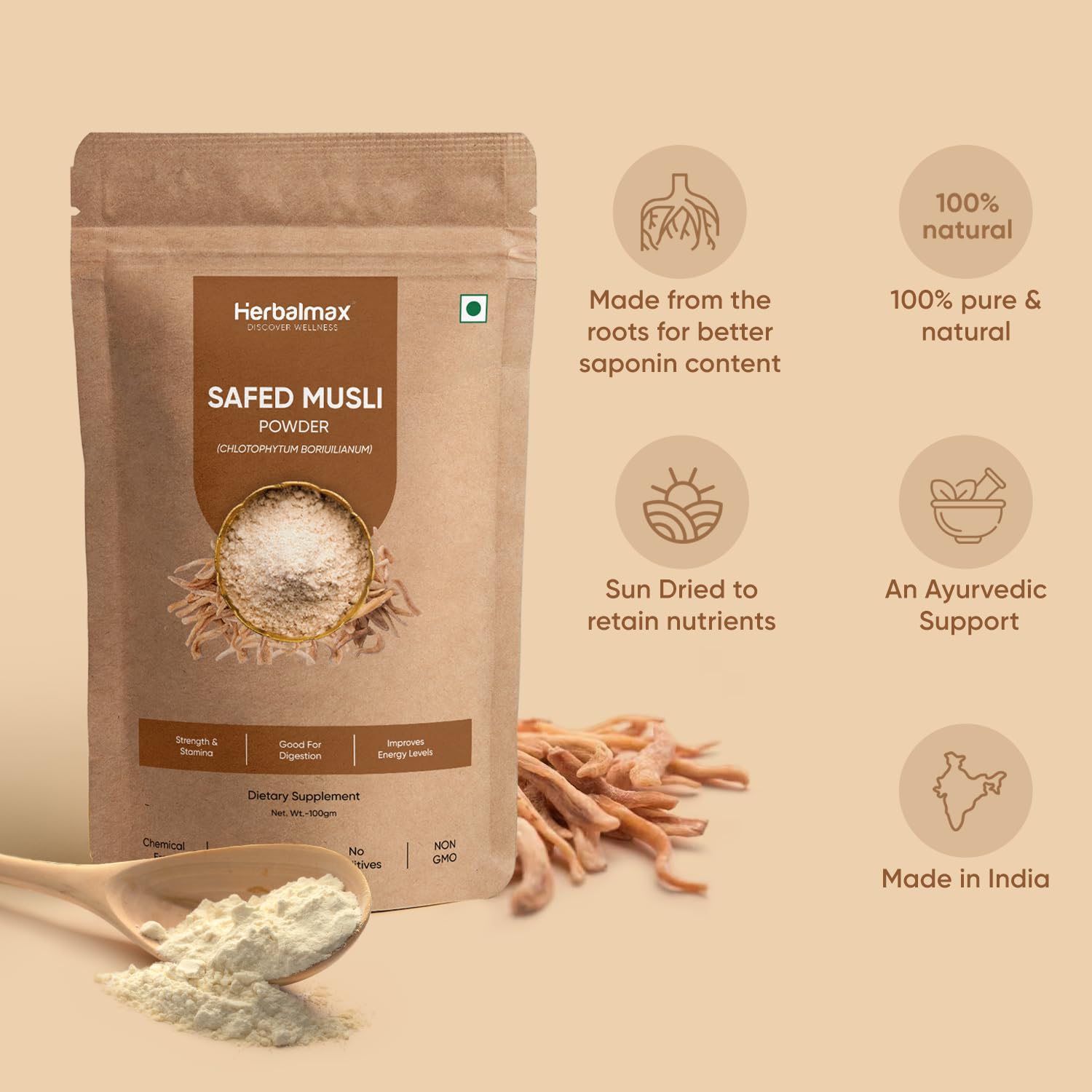 Herbal Max Organic Safed Musli Root Powder â€“ 100g | Ayurvedic Supplement for Strength, Stamina, Vitality & Performance | Herbal Health Booster