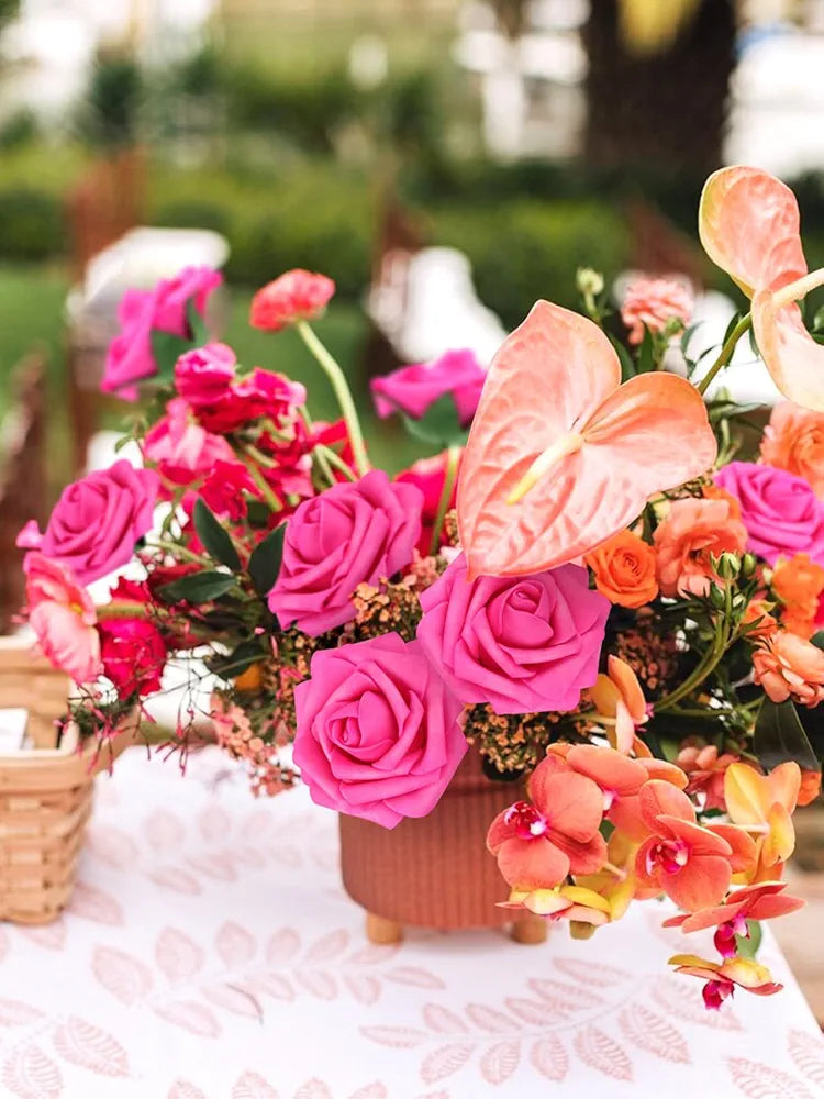 Artificial Flower Roses 30PCS Real Touch Spring Fake Flowers with Stem Fuchsia Foam Roses