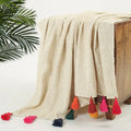 Homadorn 100% Cotton Off White Throw 300 TC Blanket with Handmade Colorful Tasse lColour Multicolor