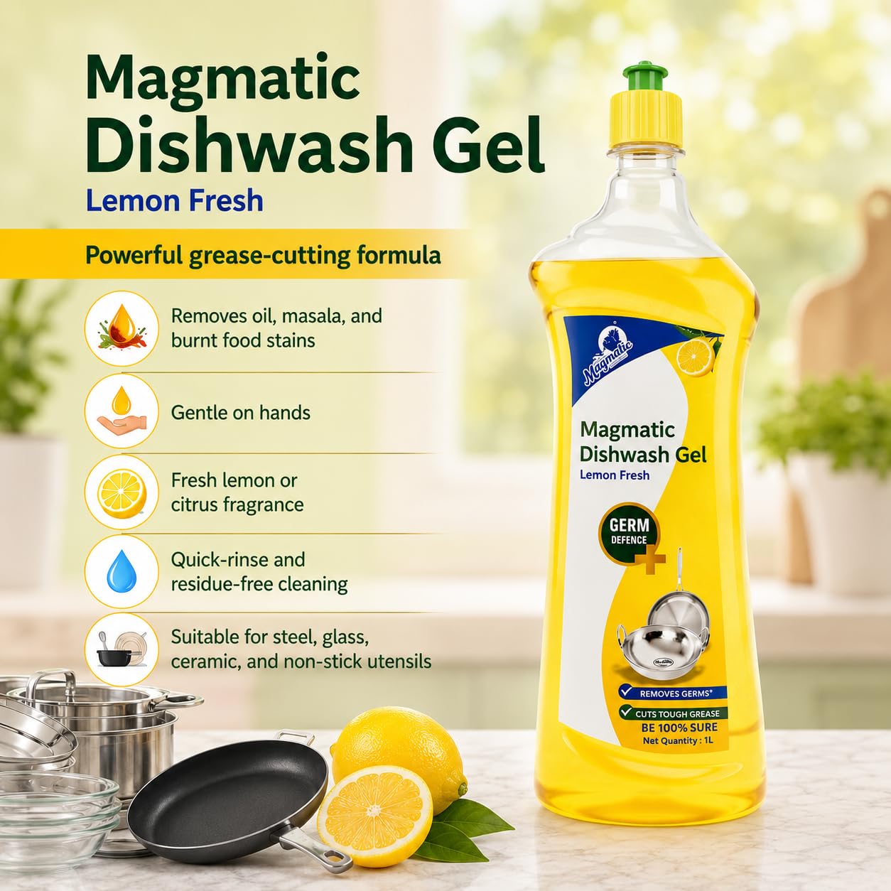 Magmatic Dishwash Liquid Gel | Lemon Fresh – Tough Grease & Oil Remover | Germ Protection Formula | Kitchen Utensil Cleaner | 1L