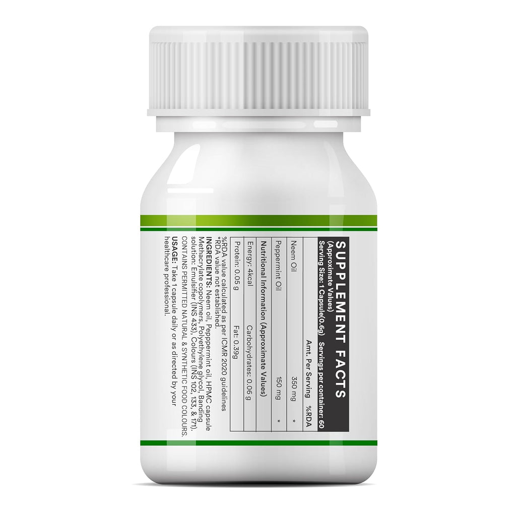 INLIFE Neem Oil 350mg with Peppermint Oil 150mg | Digestive Health & Skin, Hair Care Supplement | Enteric Coated Capsules â€“ 60 Liquid Filled Vegetarian Capsules (Pack of 1, 60)