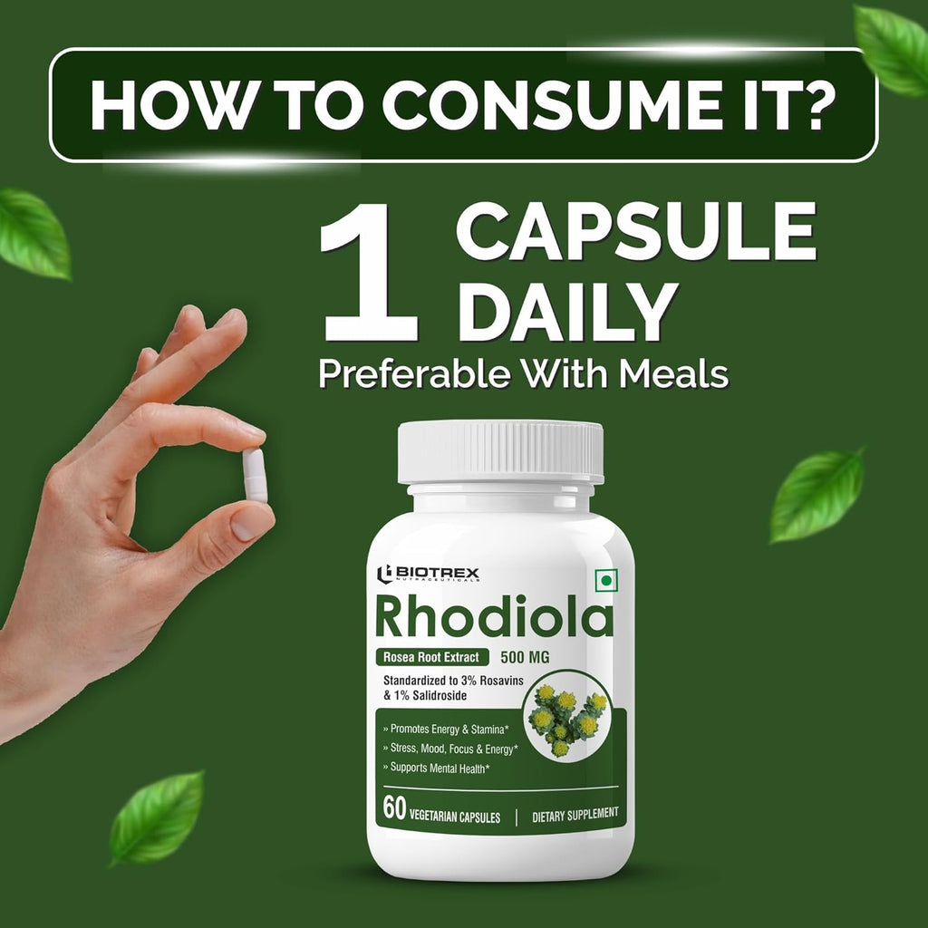 Biotrex Nutraceuticals Rhodiola 500mg Supplement | Adaptogenic Natural Herb | Relaxation & Cognitive Wellbeing | Enhances Resilience, Sleep & Focus | Healthy Stamina | Non-GMO | 60 Veg Capsules
