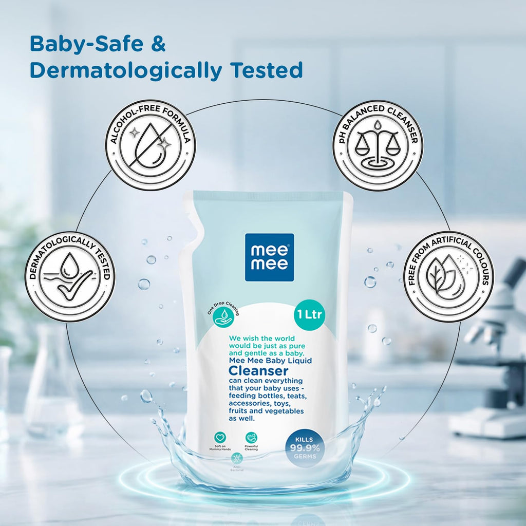 Mee Mee Baby Liquid Cleanser 1 L, Anti-Bacterial Kills 99.9% Germs | for Feeding Bottles, Nipples, Accessories, Toys, Fruits & Vegetables | No Alcohol, One Drop Cleaning, Dermatologically Tested