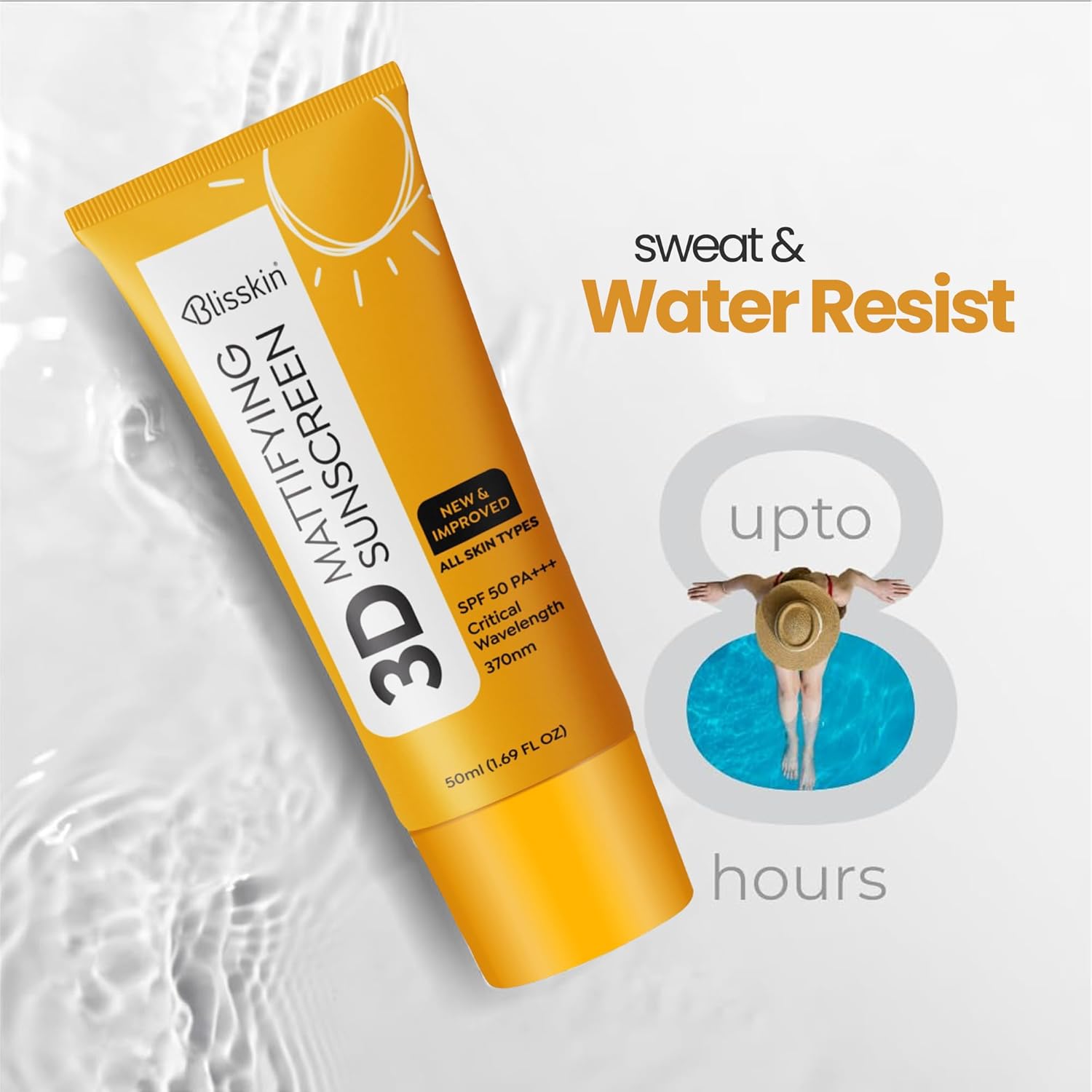 Blisskin Sunscreen SPF 50 PA+++ | 50ml Organic & Non Comedogenic SunscreenSPF50 | UVA, UVB & Blue Light Protection | With Hyaluronic Acid & Vitamin C | No White Cast | For All Skin Types