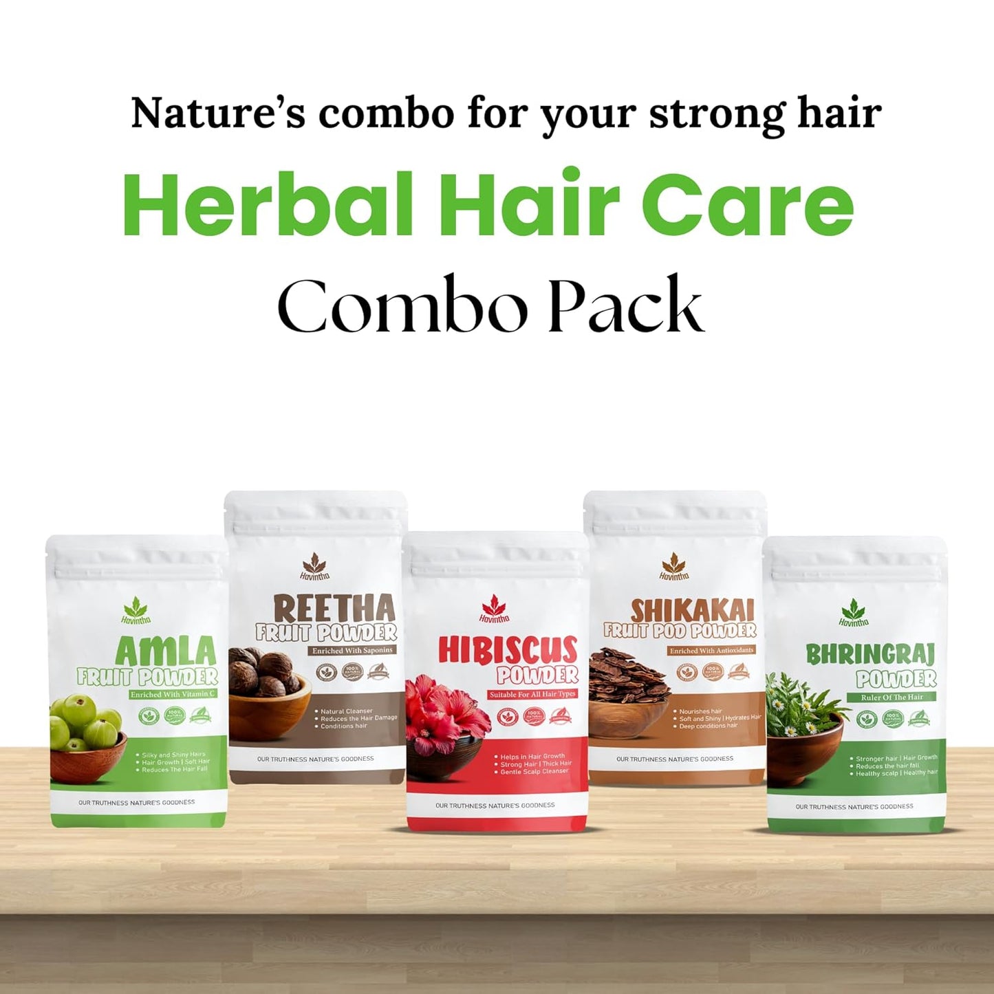 Havintha Amla, Reetha, Shikakai, Bhriangraj and Hibiscus powder for Hair care Each - 50 gms Combo Pack of 5