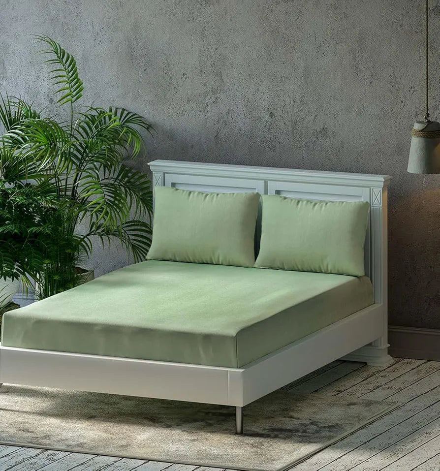 Trance Home Linen Premium 300 TC Pure 100% Cotton King Fitted Bedsheet with 2 Pillow Printed Covers Colour Moss Green