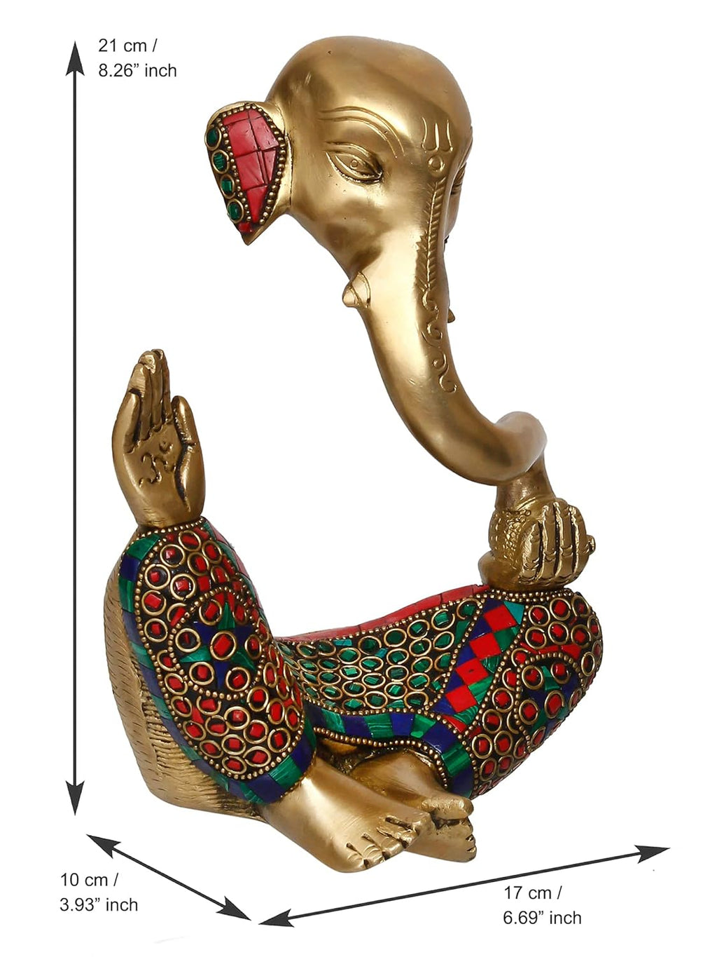 Ecraftindia Handcrafted Meditating Brass Lord Ganesha Idol With Golden Colorful Stone Work | Spiritual Ganesha Statue for Puja Room