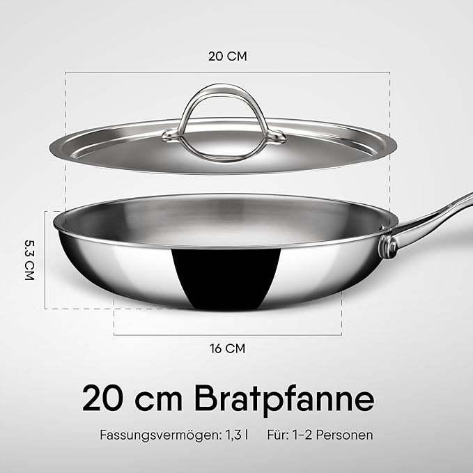 Stahl Artisan Triply Stainless Steel Fry Pan With Lid | Induction & Gas Stove Compatible Frying Pan | 1.1 L | 20 Cm