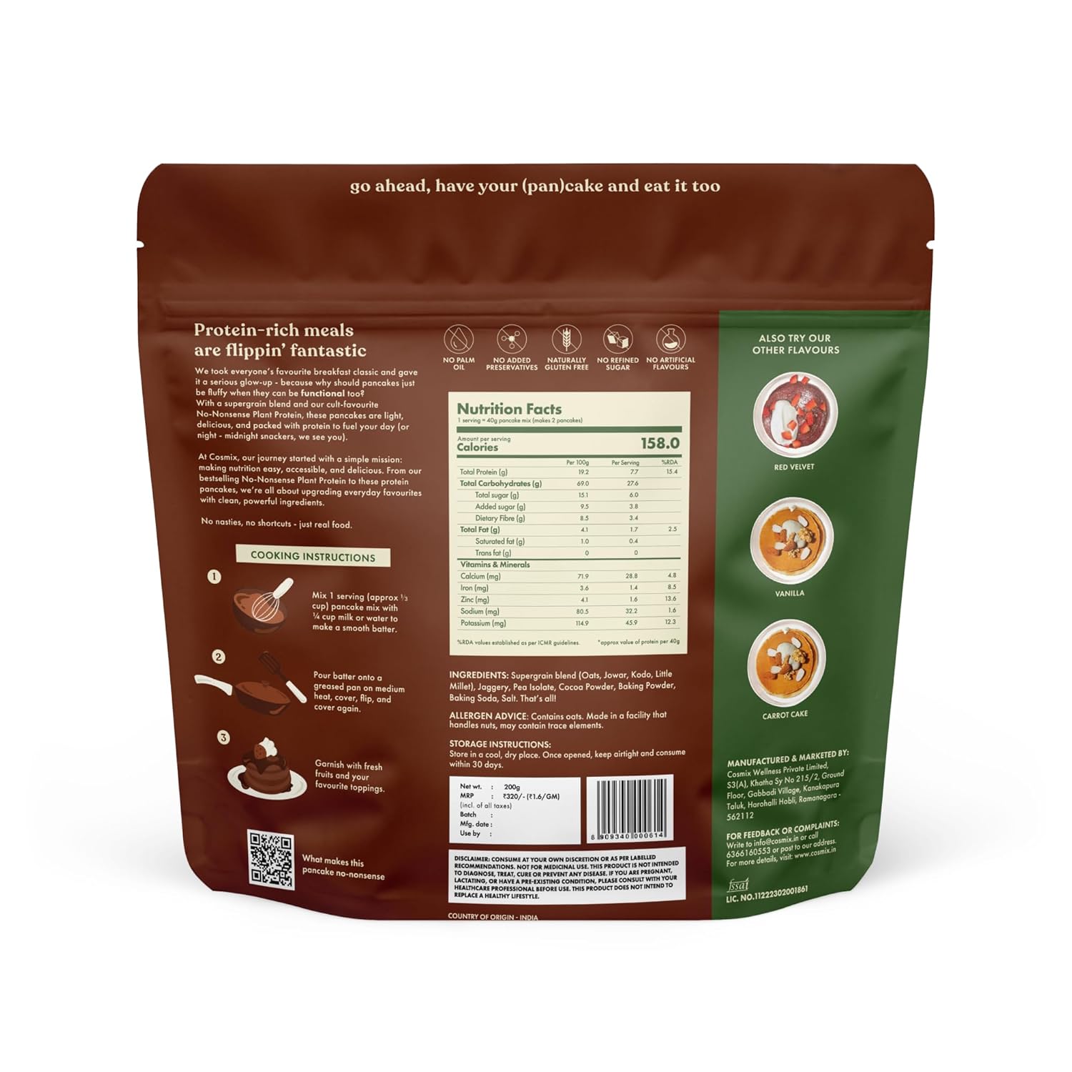 Cosmix No-Nonsense Protein Pancake | 8g Protein/Serving | Instant Breakfast with Supergrain Blend (Oats, Jowar, Kodo, Little Millet) | Pancake Mix | No Maida, No Refined Sugar | Chocolate - 200g
