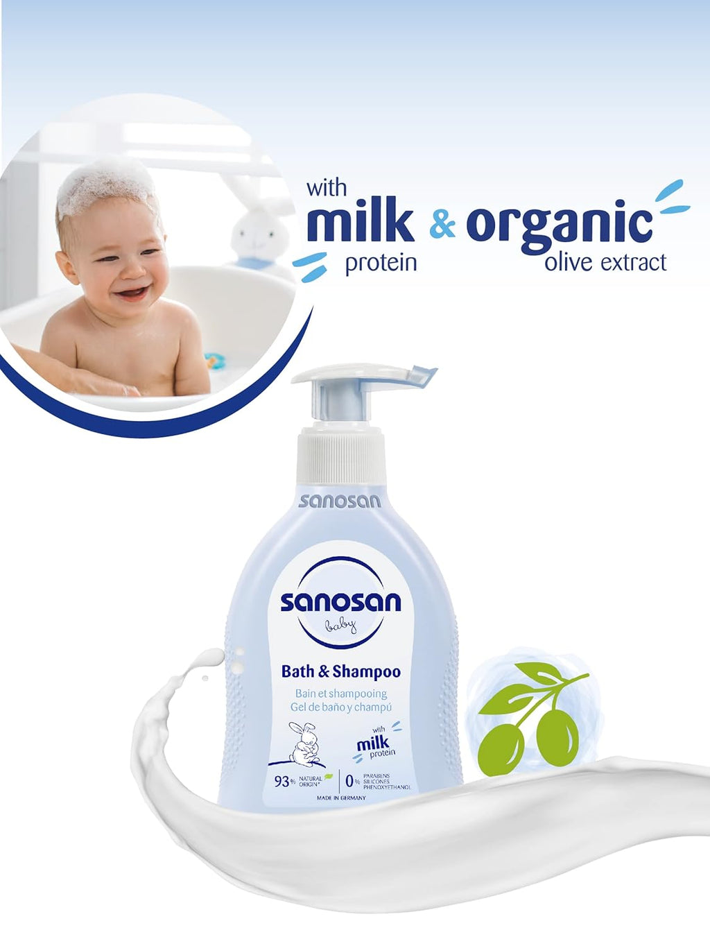 Sanosan bath & shampoo Hydrolysed Milk Protein Formula Daily Head To Toe Milky Wash No Tear Formula For Newborn Baby 2 In 1 Shampoo & Body Wash- 200 ml
