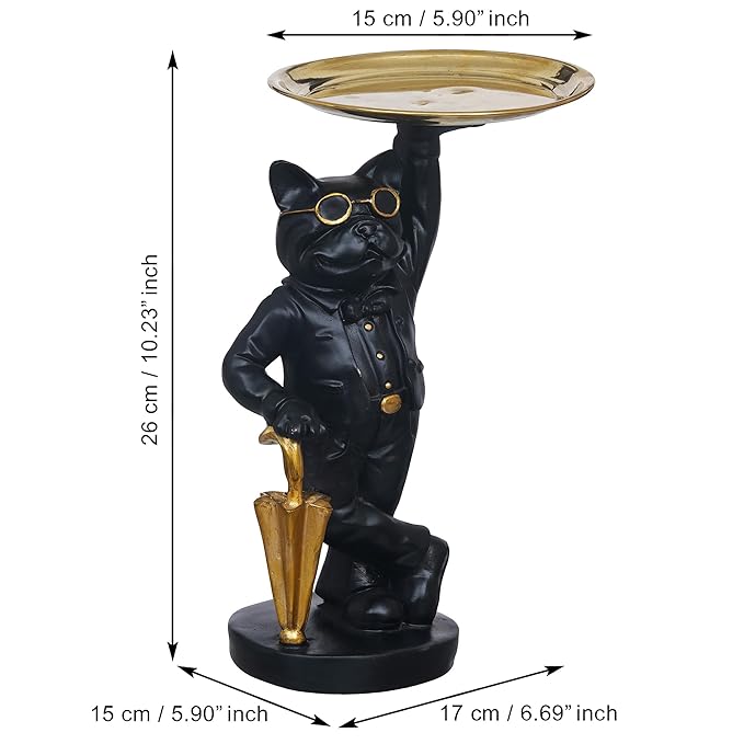 Ecraftindia Black and Golden Polyresin Cat Statue in Formal Dress and Sunglasses With Umbrella Animal Figurine