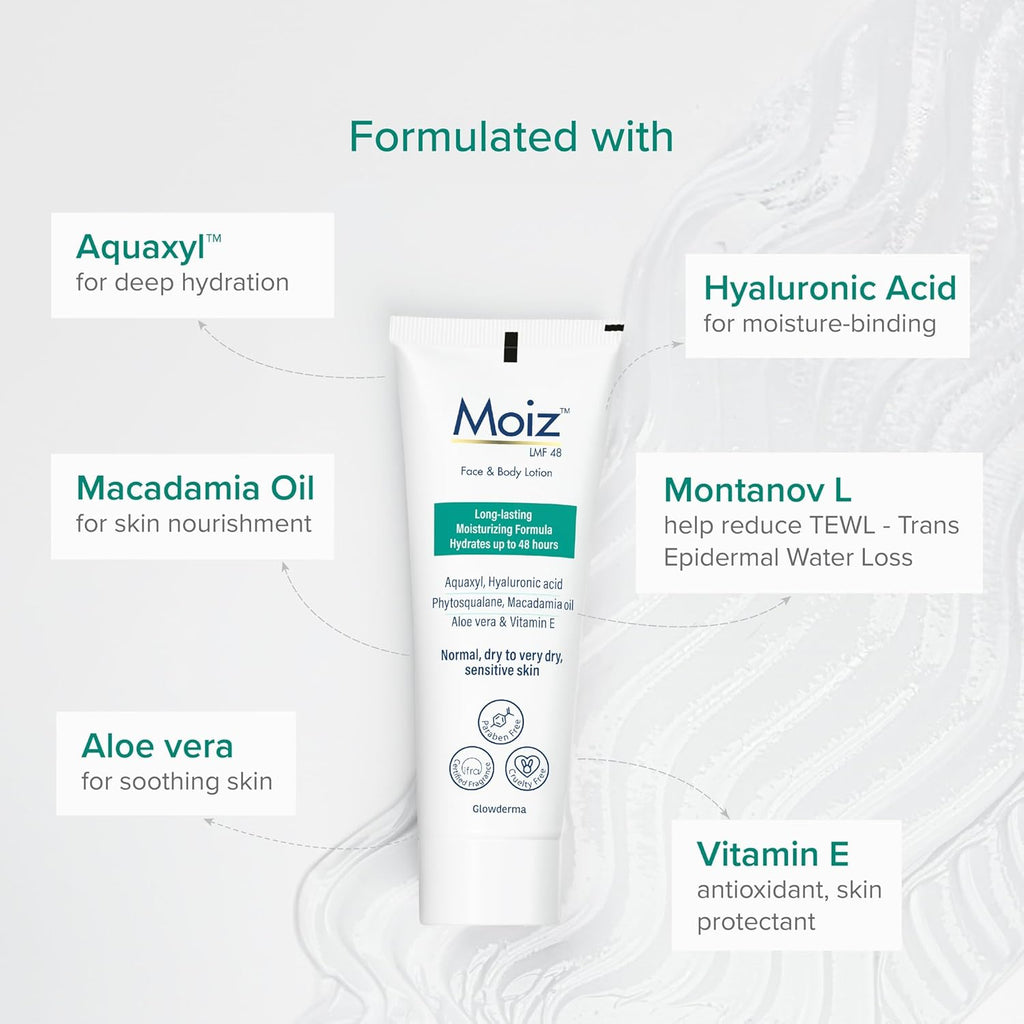 Moiz LMF 48 Lotion | 48 Hour Long-Lasting Moisturizer | Formulated with 17 Moisturizers | Non-Comedogenic | Paraben & Cruelty-Free - 75ml