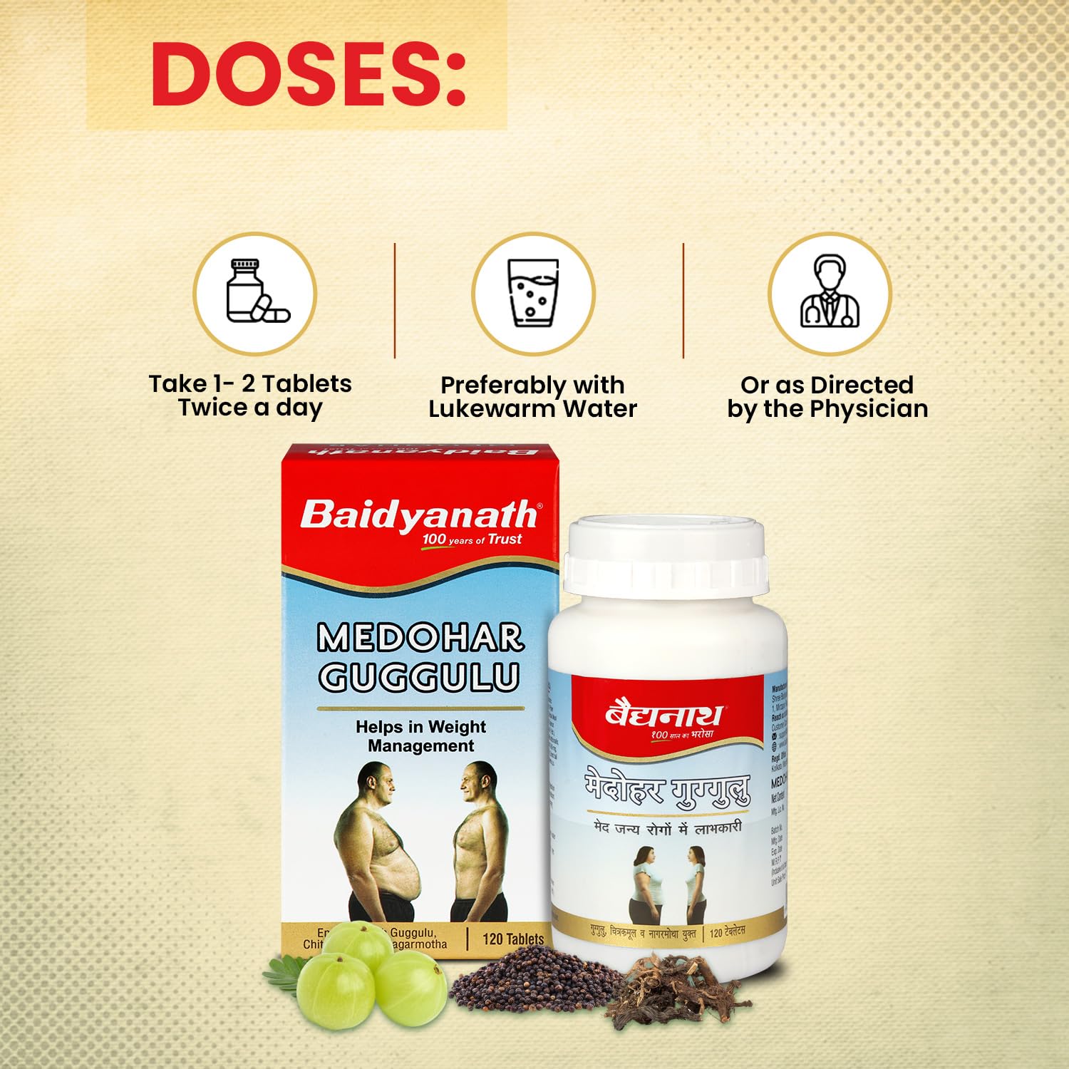 Baidyanath Ayurved Medohar Guggulu Tablets, Enriched with Guggulu, Chitrakmool and Nagarmotha- 120 Tab (Pack of 1)