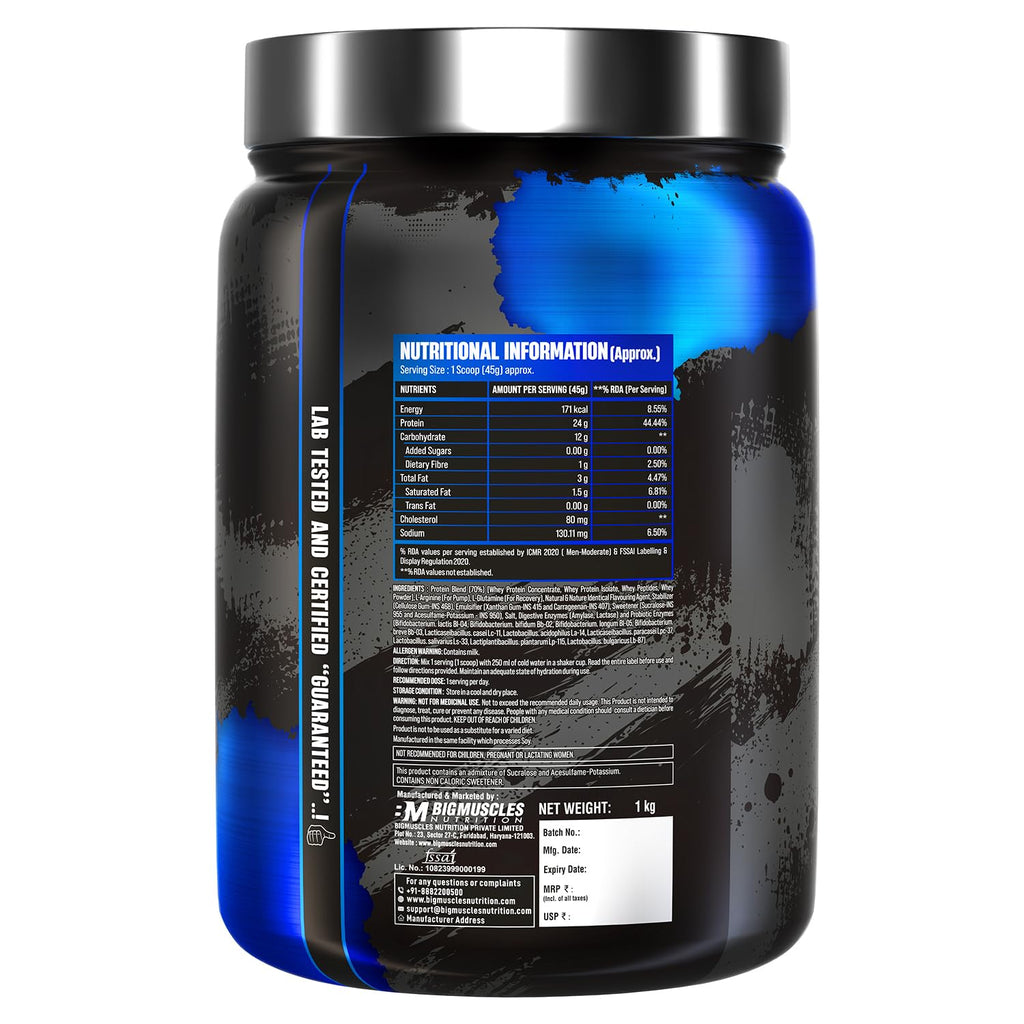 Bigmuscles Nutrition Prime Protein [1kg] | Whey Protein Isolate & Concentrate | With Digestive Enzymes, Probiotic Enzymes | 24g Protein, 10g EAA [Rich Chocolate]