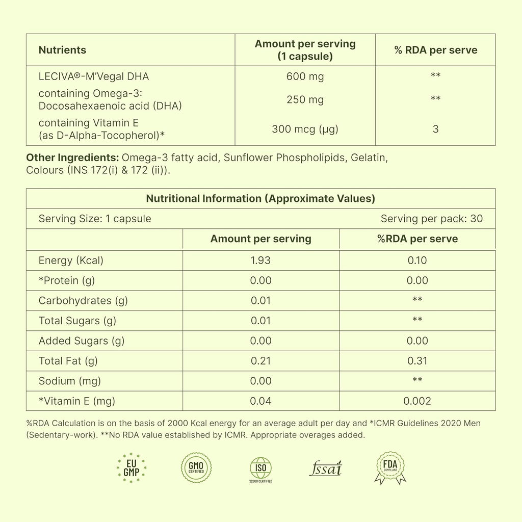 Phospholipids Omega 3 Supplement for Adults 50+ | Algal DHA 250 mg | Enhanced Absorption Phospholipid Formula for Brain Eye and Heart Support Capsules | 30 Capsules