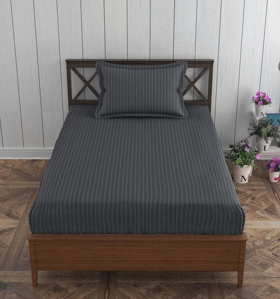 Trance Home Linen Cotton 78X36 Inch Single Fitted 200TC Satin Stripe Elastic Fitted Bedsheet With 1 Pillow Covers Colour Dark Grey