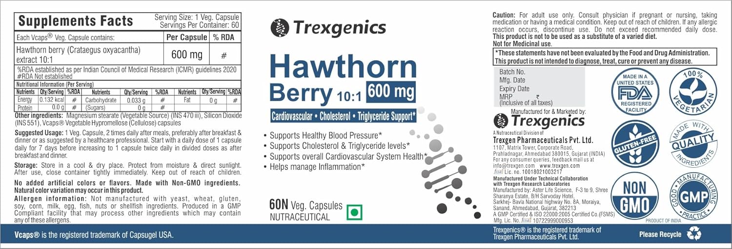 Trexgenics HAWTHORN BERRY 600 mg Cardiovascular, Cholesterol, triglycerides, Blood Pressure Support VEGAN & NON-GMO (60 Veg. Capsules) (Pack of 1)