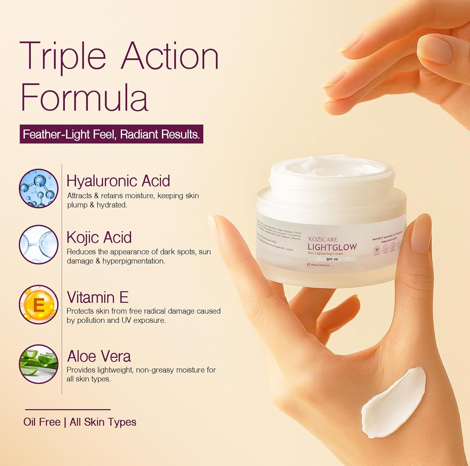Kozicare Kojic Acid Cream with Hyaluronic Acid & Vitamin E | Lightweight Moisturizer with SPF 50 | Nourishing for All Skin Types | Achieve Radiant, Flawless Skin | Perfect for Women & Men - 50 gm