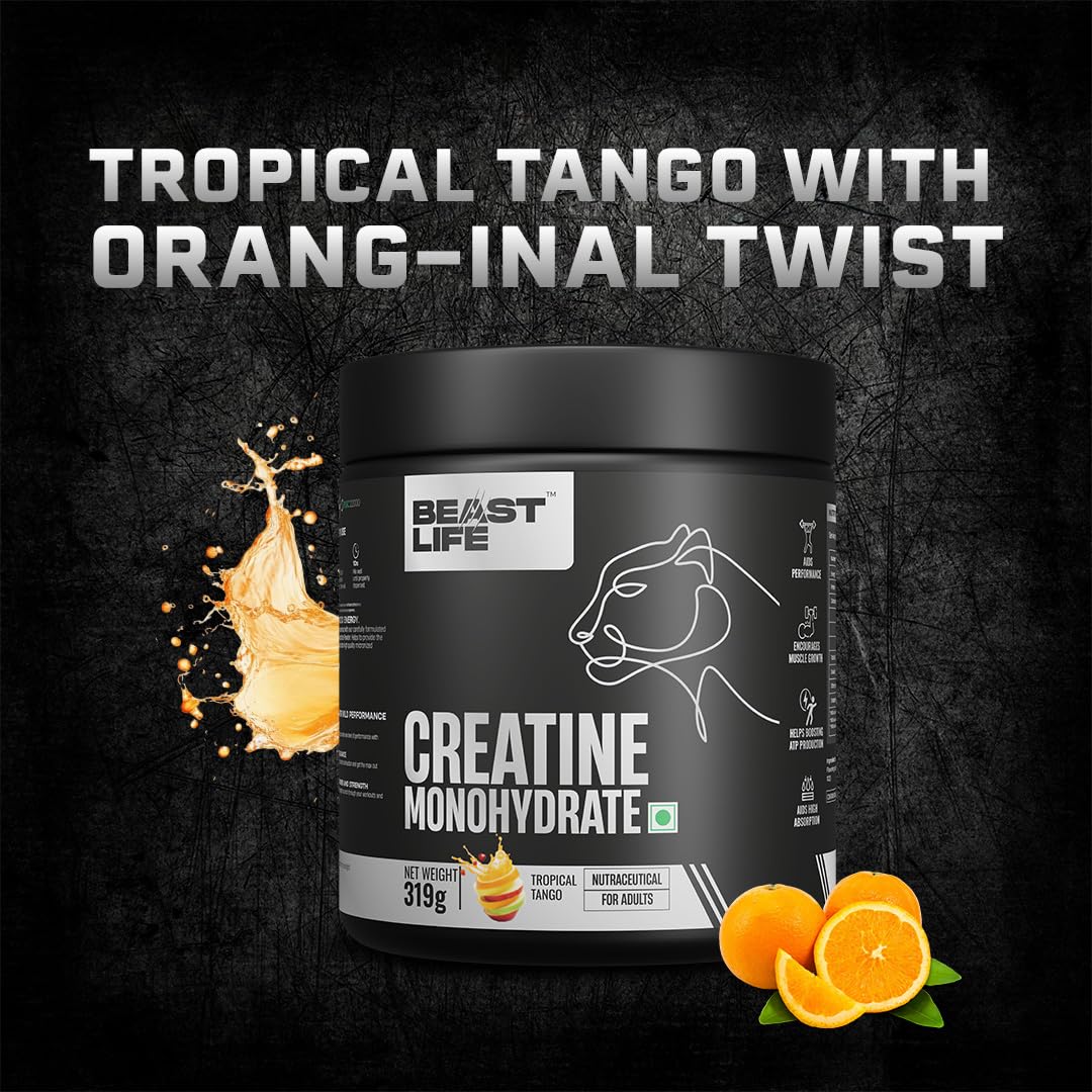 BeastLife Micronised Creatine Monohydrate with Free Shaker | 319 g | 86 Servings | Tropical Tango | NABL Lab Tested | Rapid Absorption for Muscle Strength & Athletic Performance | Super Micronised Creatine Powder